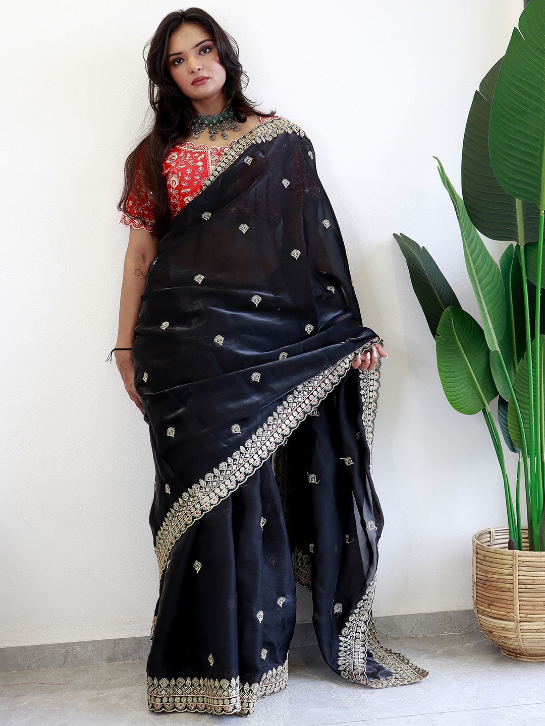 

Anouk Floral Embroidered Organza Designer Saree, Black