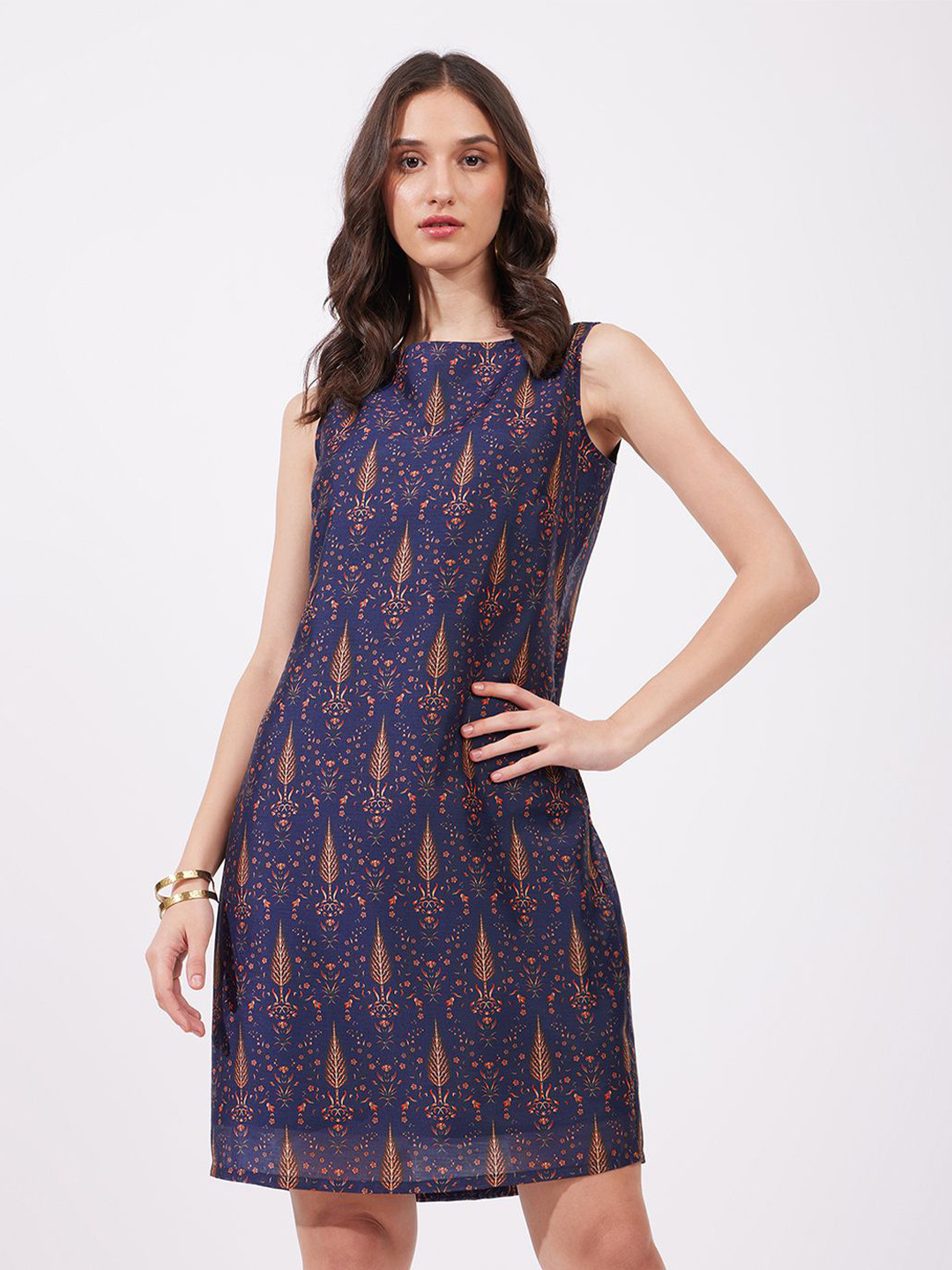 

FableStreet Ethnic Motifs Print A-Line Dress, Navy blue