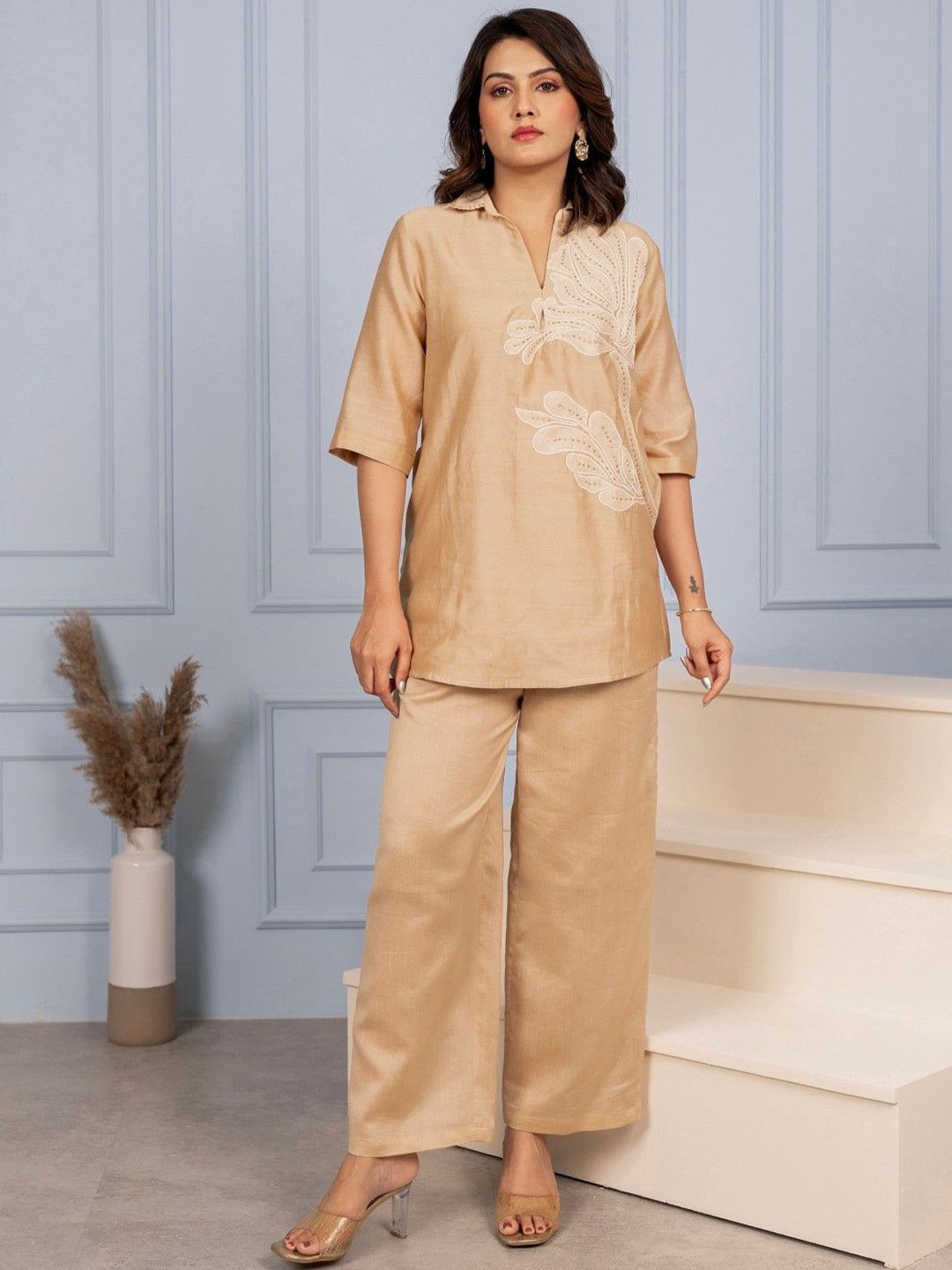 

AUTUMN LANE Raya Embroidered Pure Cotton Tunic With Trousers, Tan