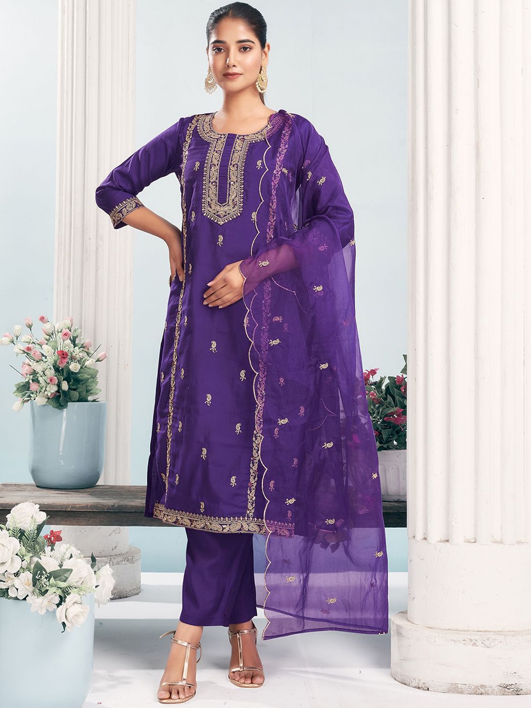 

KALINI Floral Embroidered Sequinned Straight Kurta With Trousers & Dupatta, Purple