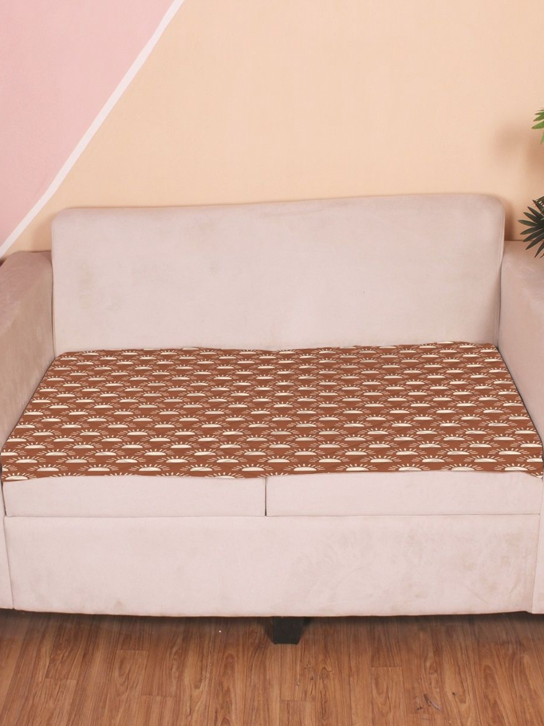 

STITCHNEST Brown & White Geometric Printed Velvet 3 Seater Anti Slip Sofa Cover