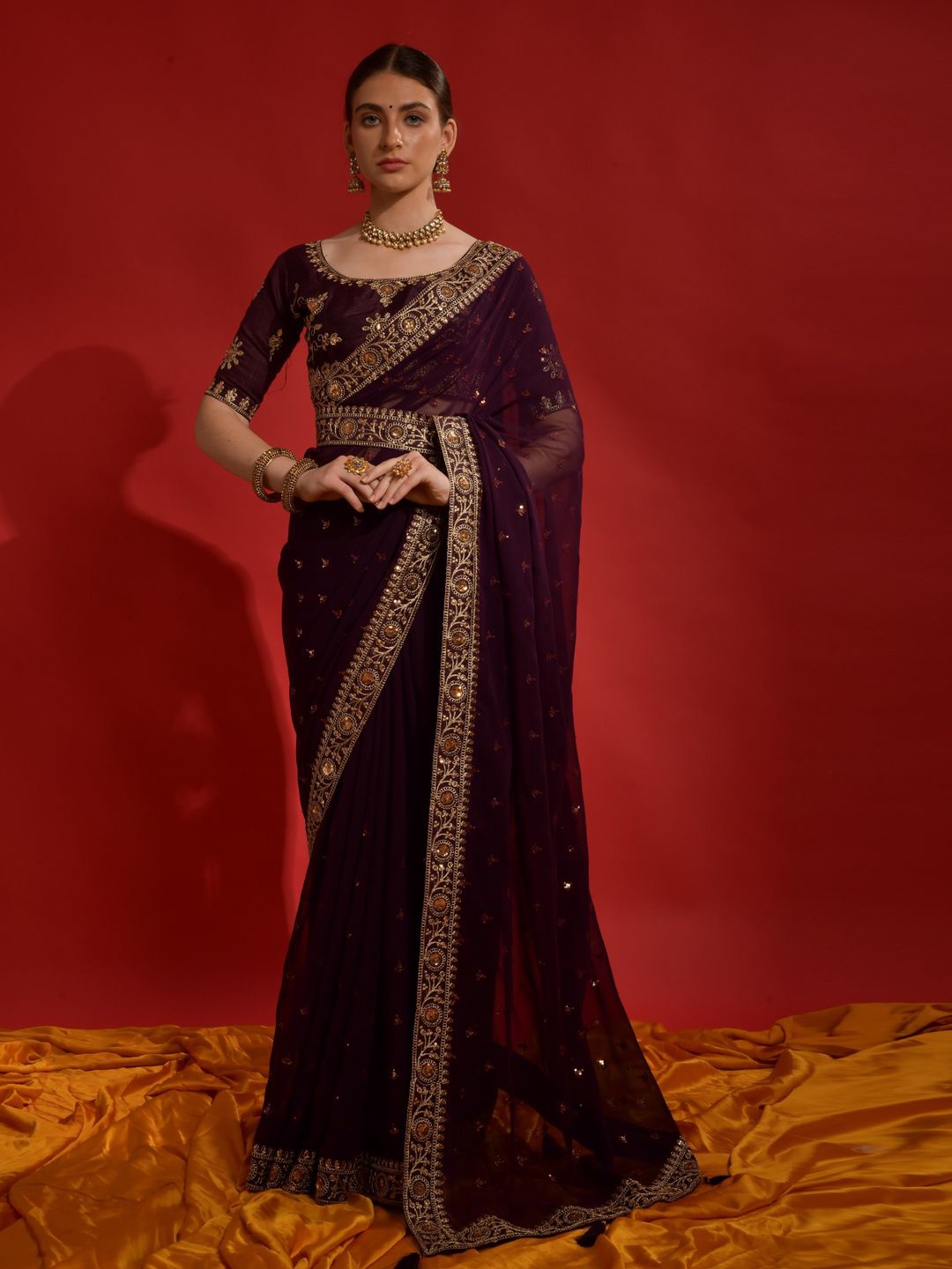 

Krimmple Floral Embroidered Pure Georgette Belted Saree, Purple