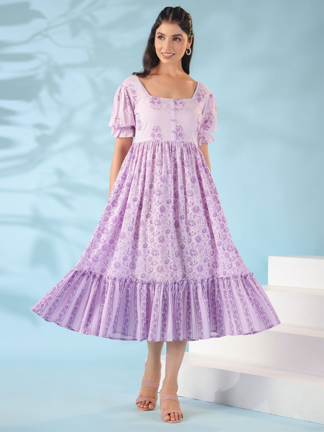 

Polago Clothing Women Floral Printed Puff Sleeve A-Line Dress, Purple