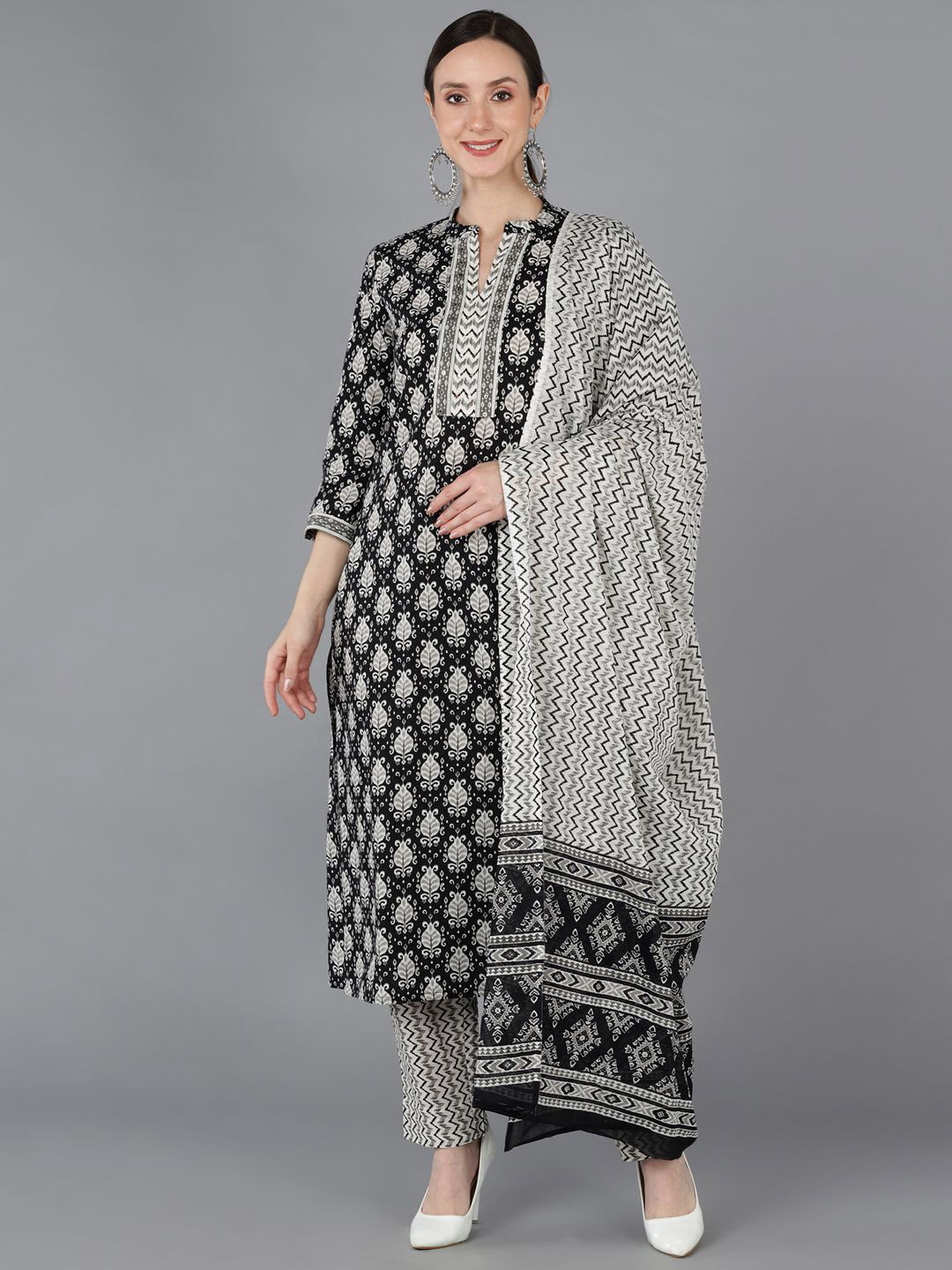 

AHIKA Black Ethnic Motifs Printed Mandarin Collar Kurta with Trousers & Dupatta