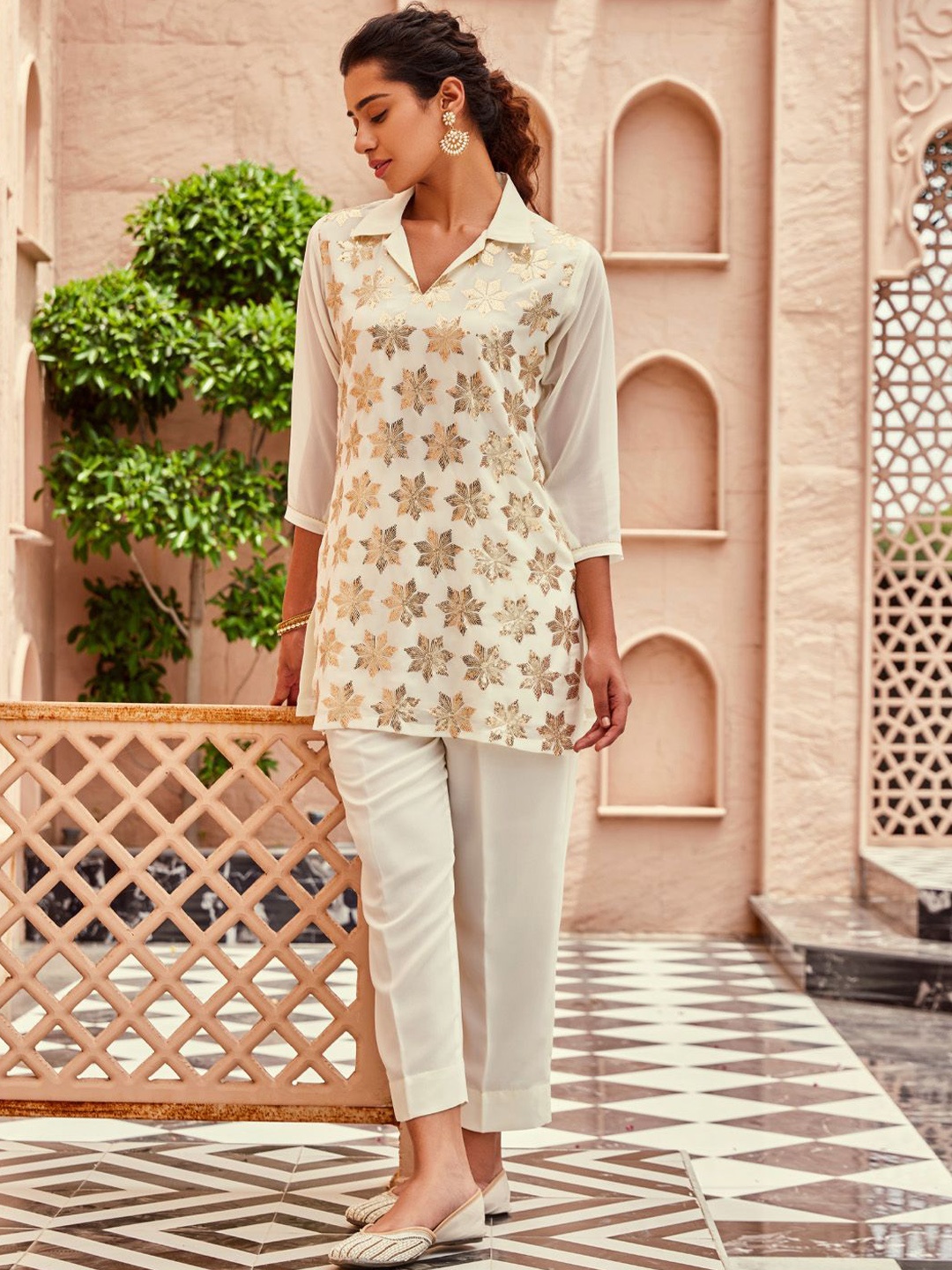 

WOMEN PLUS Embroidered Tunic With Trousers, White