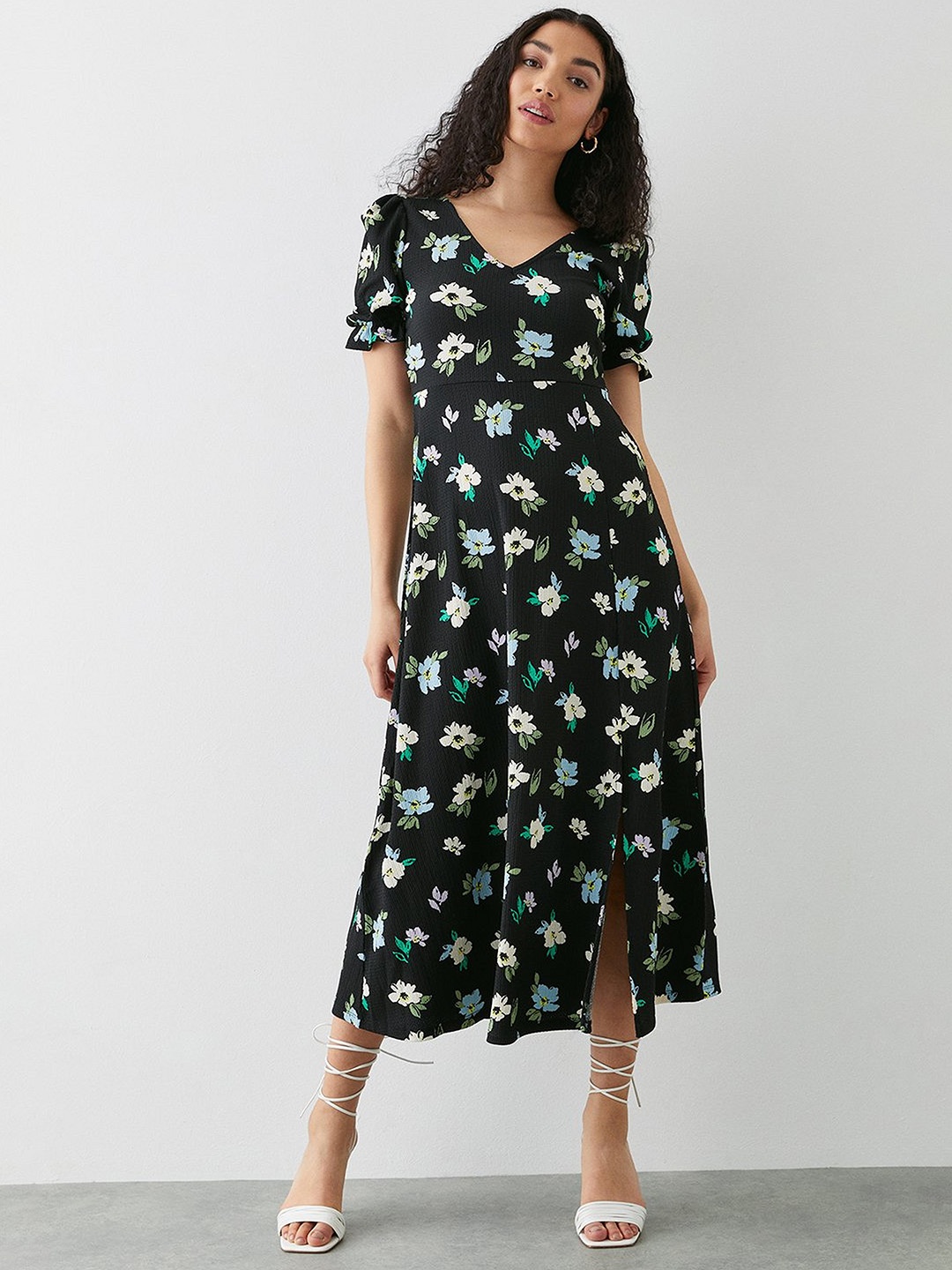 

DOROTHY PERKINS Floral Print Textured Side-Slit Dress, Black