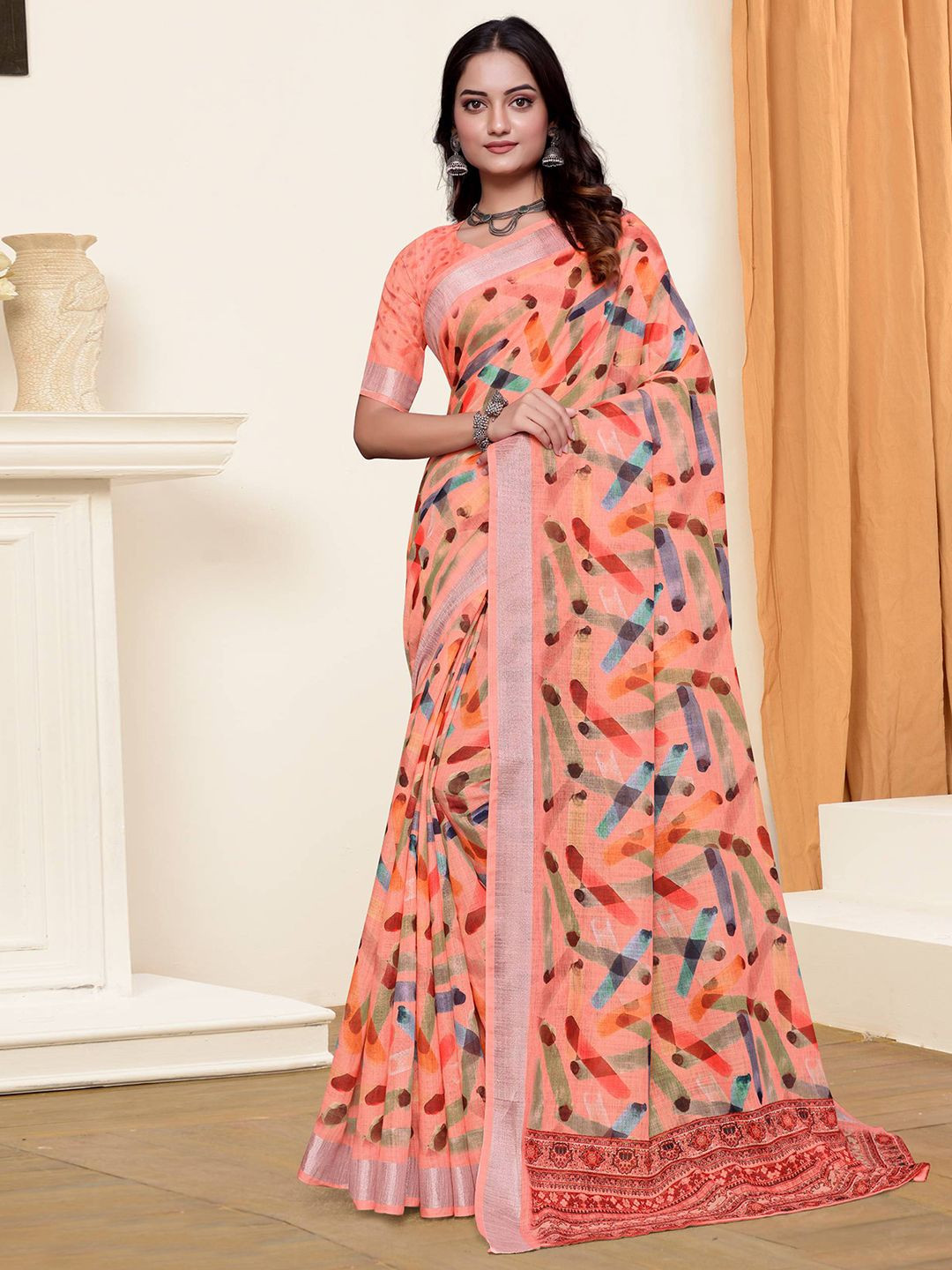 

Mitera Zari Printed Pure Linen Saree, Orange