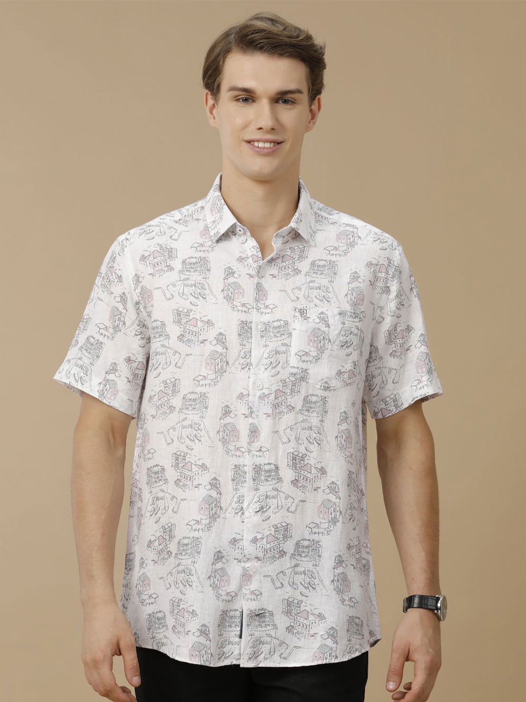 

Linen Club Men Contemporary Spread Collar Slim Fit Printed Shirt, White