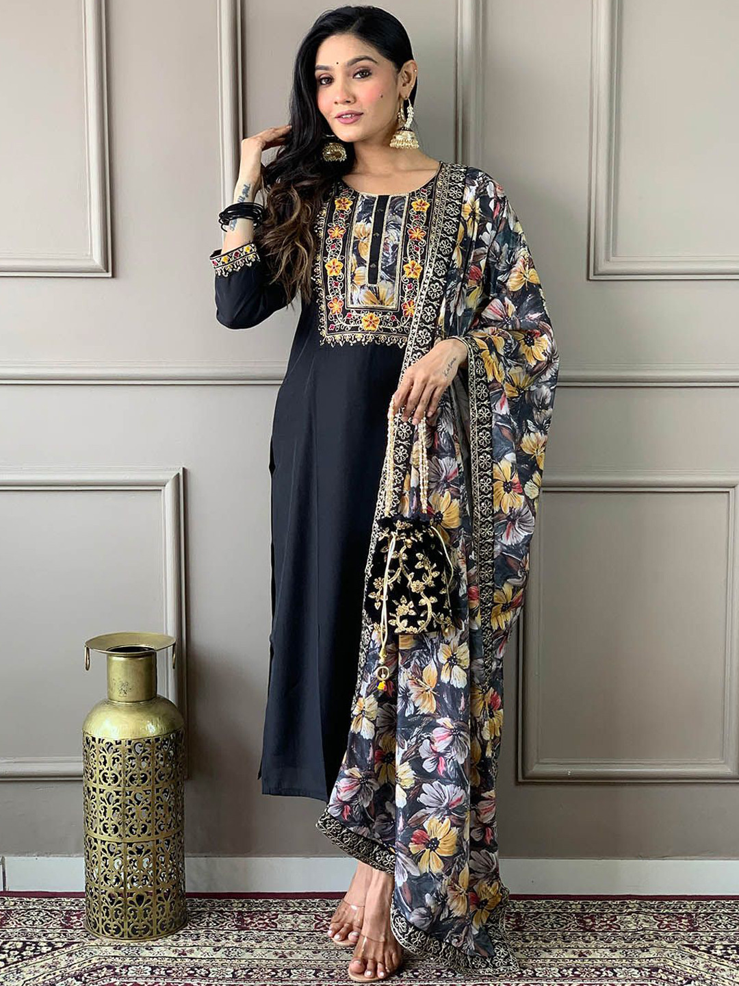 

Meena Bazaar Ethnic Motifs Embroidered Thread Work Straight Kurta with Trousers & Dupatta, Black