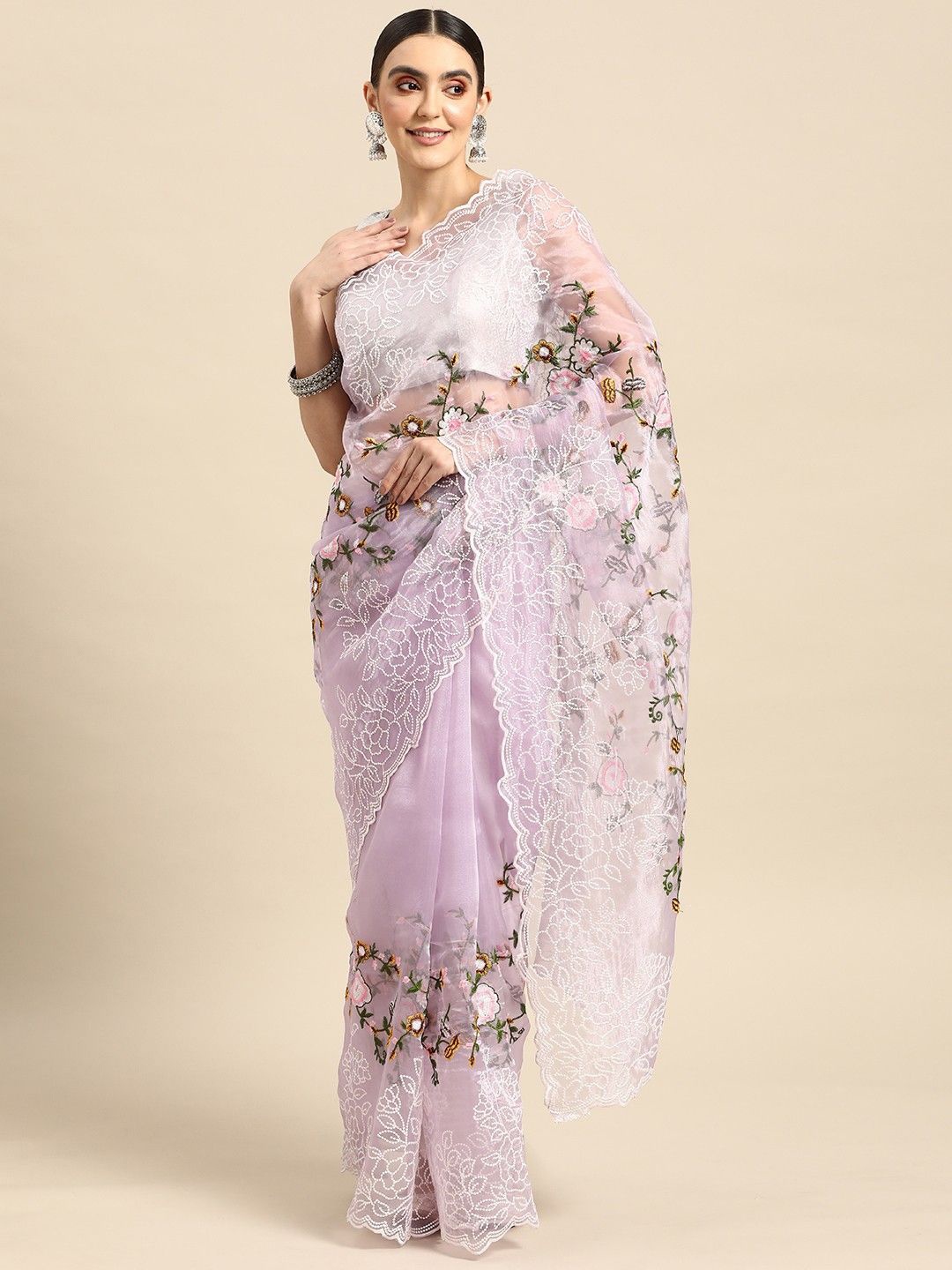 

Anouk Floral Embroidered Organza Saree, Lavender