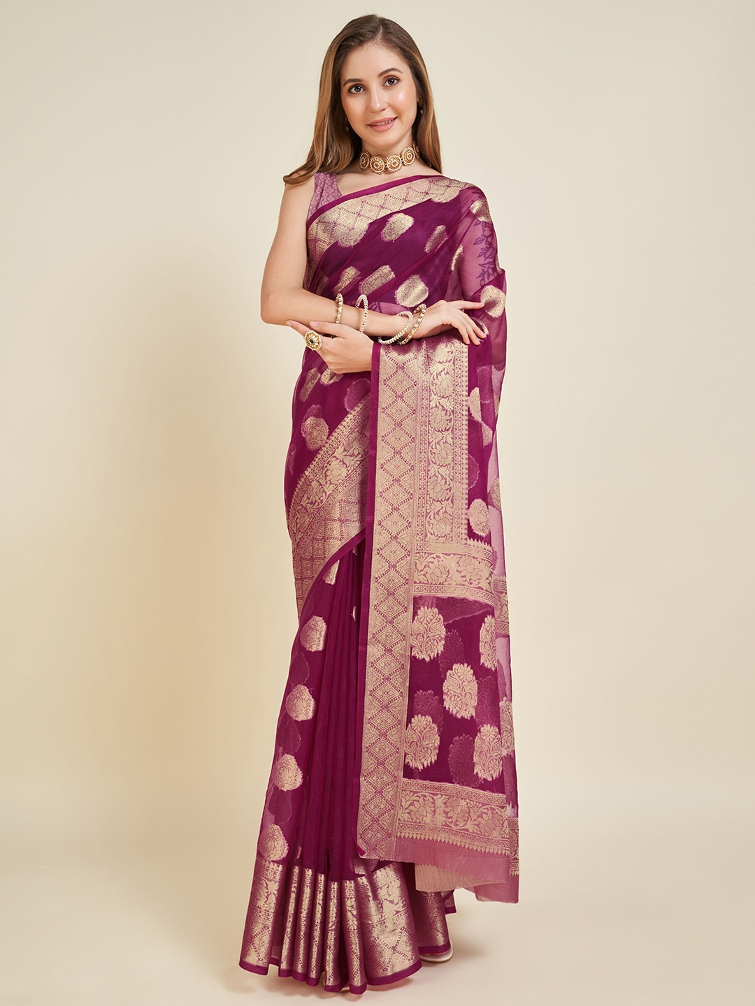 

Kriyansh Ethnic Motifs Zari Organza Tussar Saree, Purple