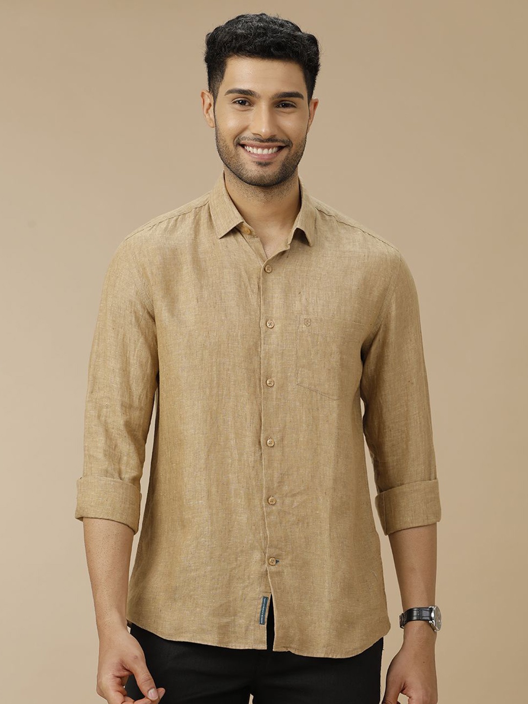 

Linen Club Men Contemporary Slim Fit Spread Collar Solid Casual Shirt, Brown