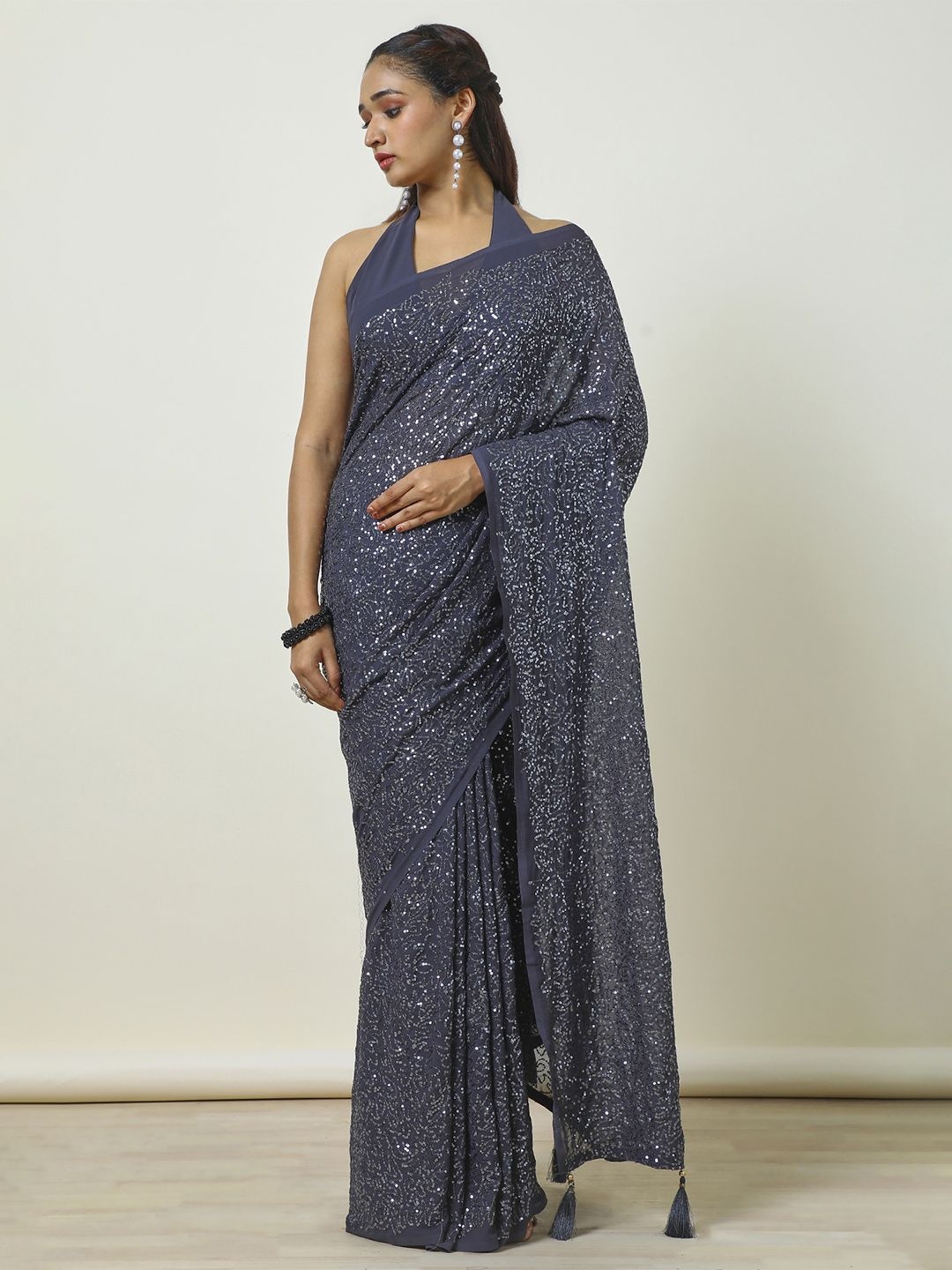 

Soch Embellished Sequinned Pure Chiffon Saree, Charcoal