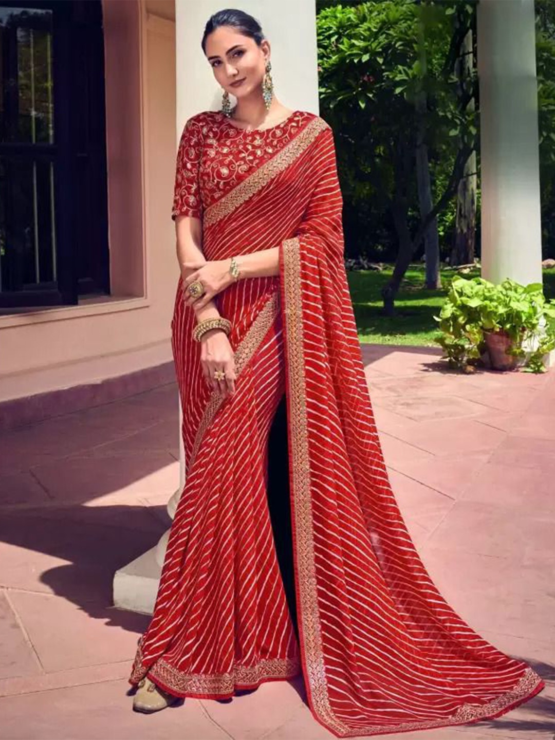 

Reboot Fashions Leheriya Embroidered Pure Georgette Leheriya Saree, Red