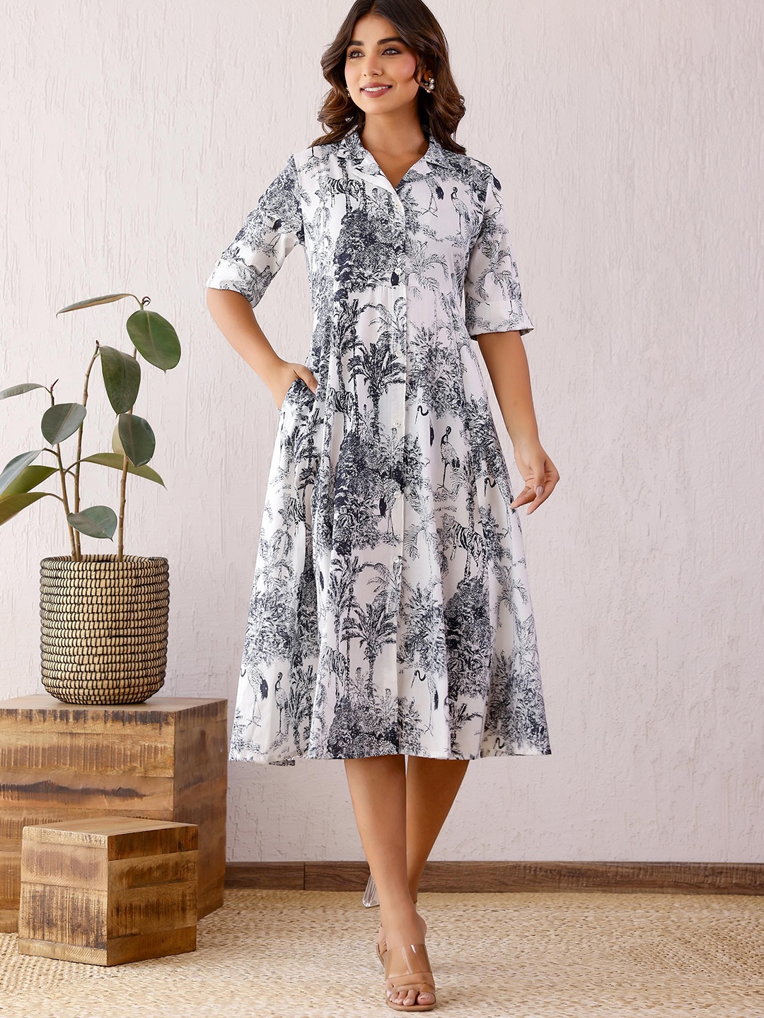 

FLAVIA CREATION Print Shirt Midi Dress, White