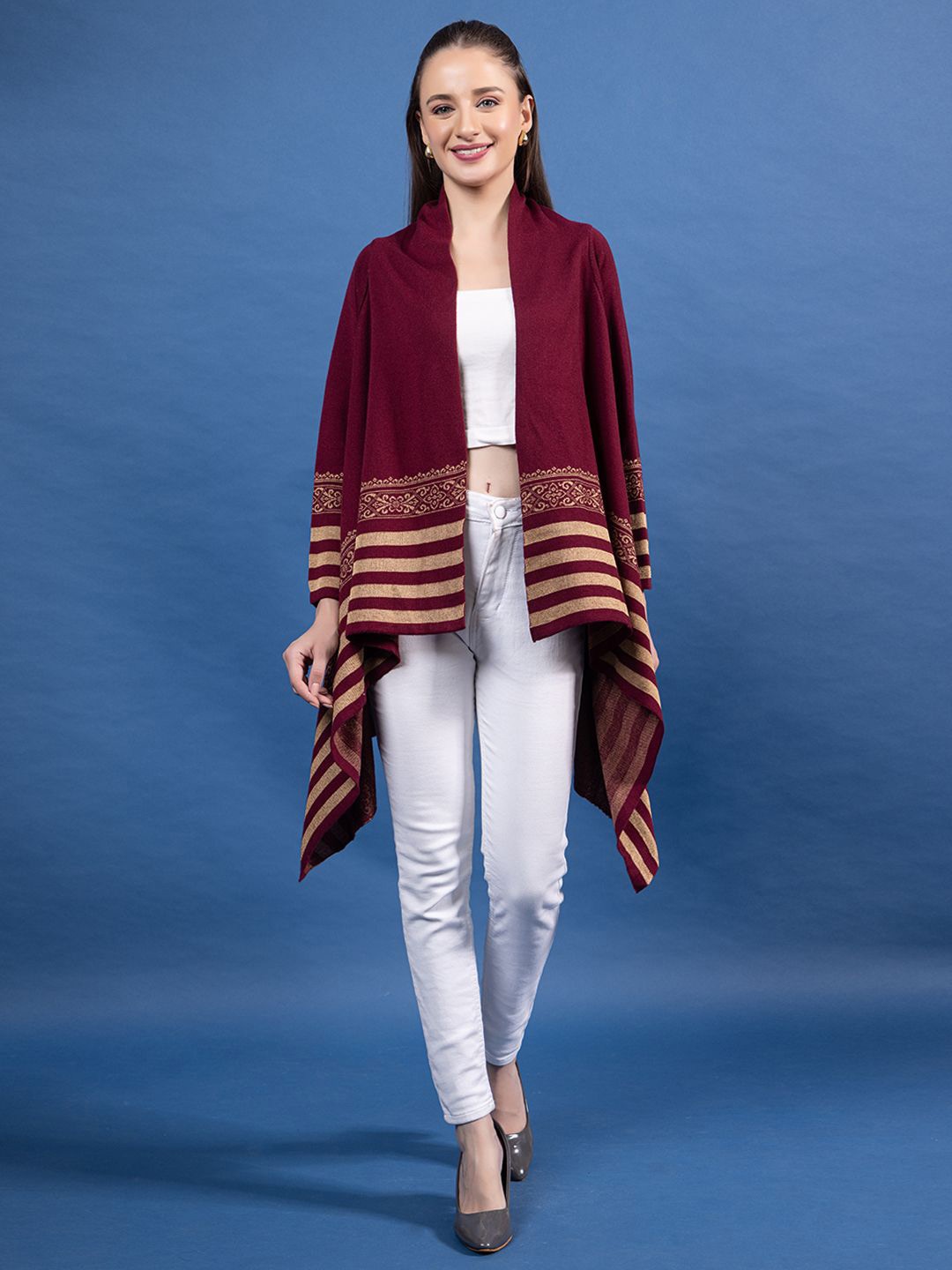 

Anouk Striped Open Front Shrug, Maroon