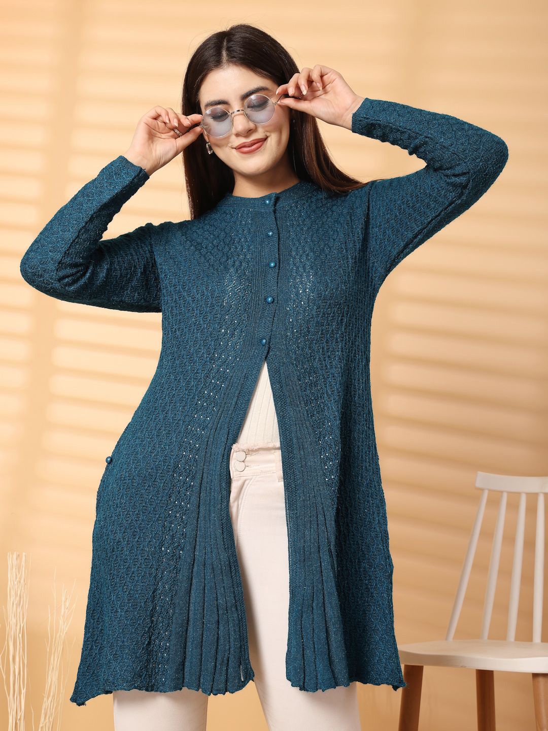 

Clora Creation Women Cable Knit Woollen Longline Cardigan with Embellished Detail, Blue