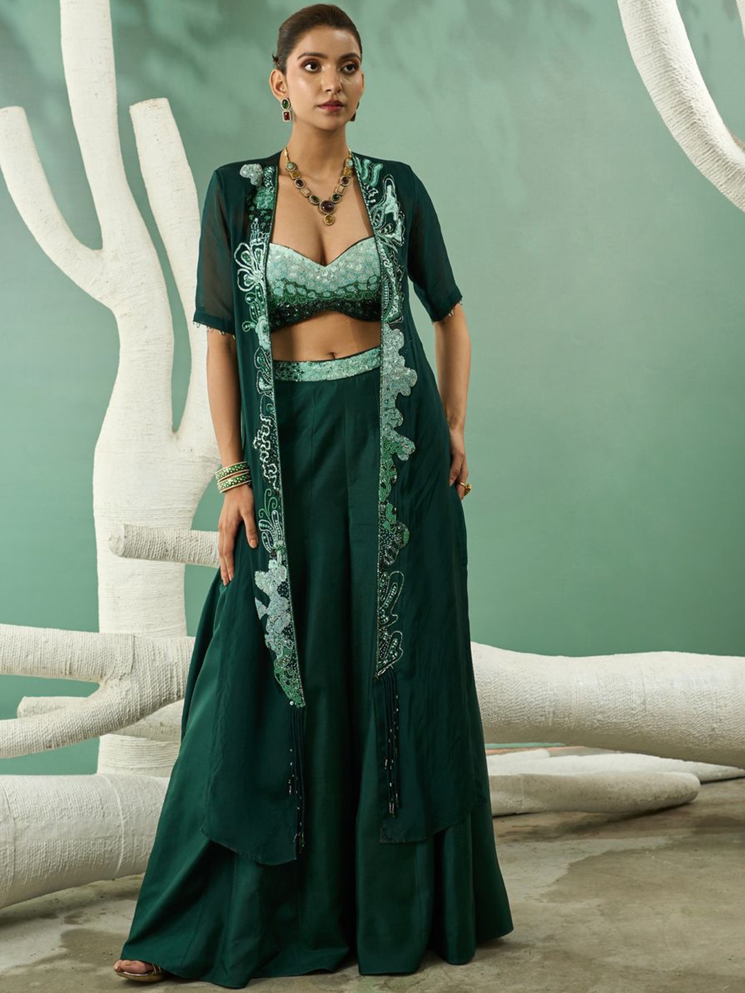 

ONE KNOT ONE Women Ombre Embroidered Blouse & Sharara With Jacket, Green