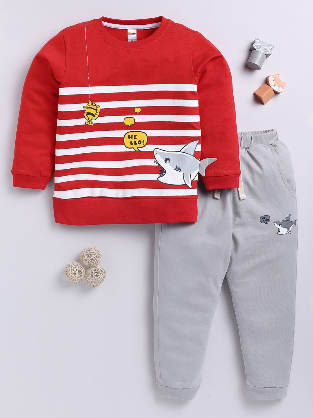 

LITTLE NINJA Boys Striped Printed Round Neck Sweatshirt with Joggers, Red