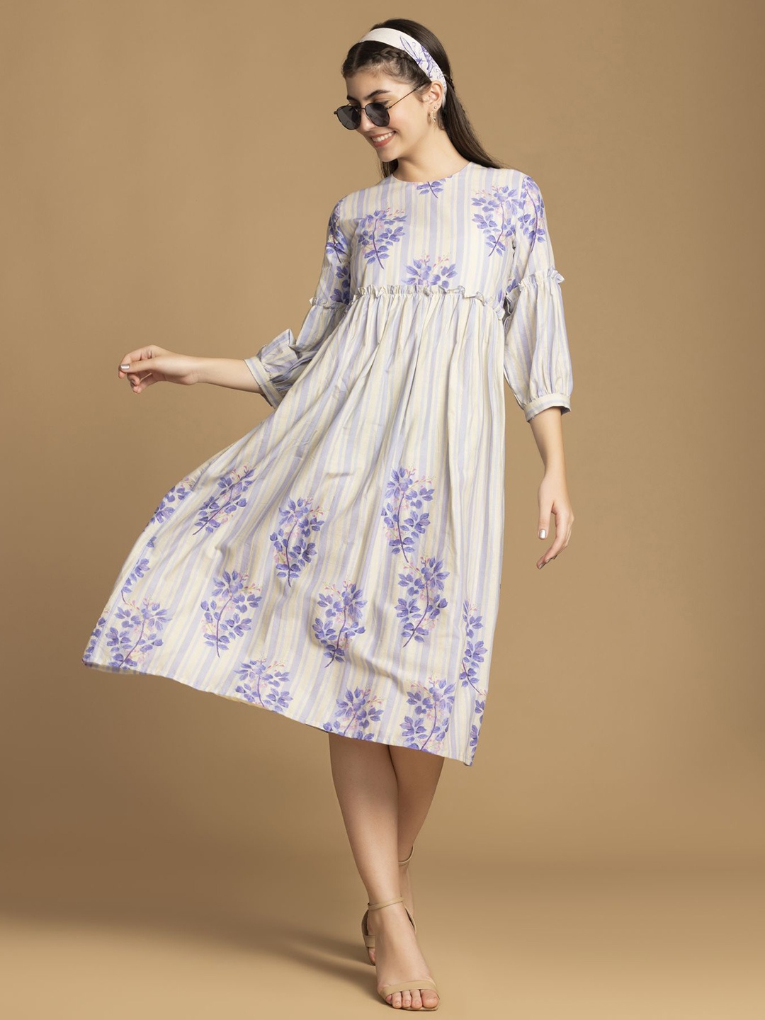

OCTICS Floral Printed Fit & Flare Midi Dress, Beige