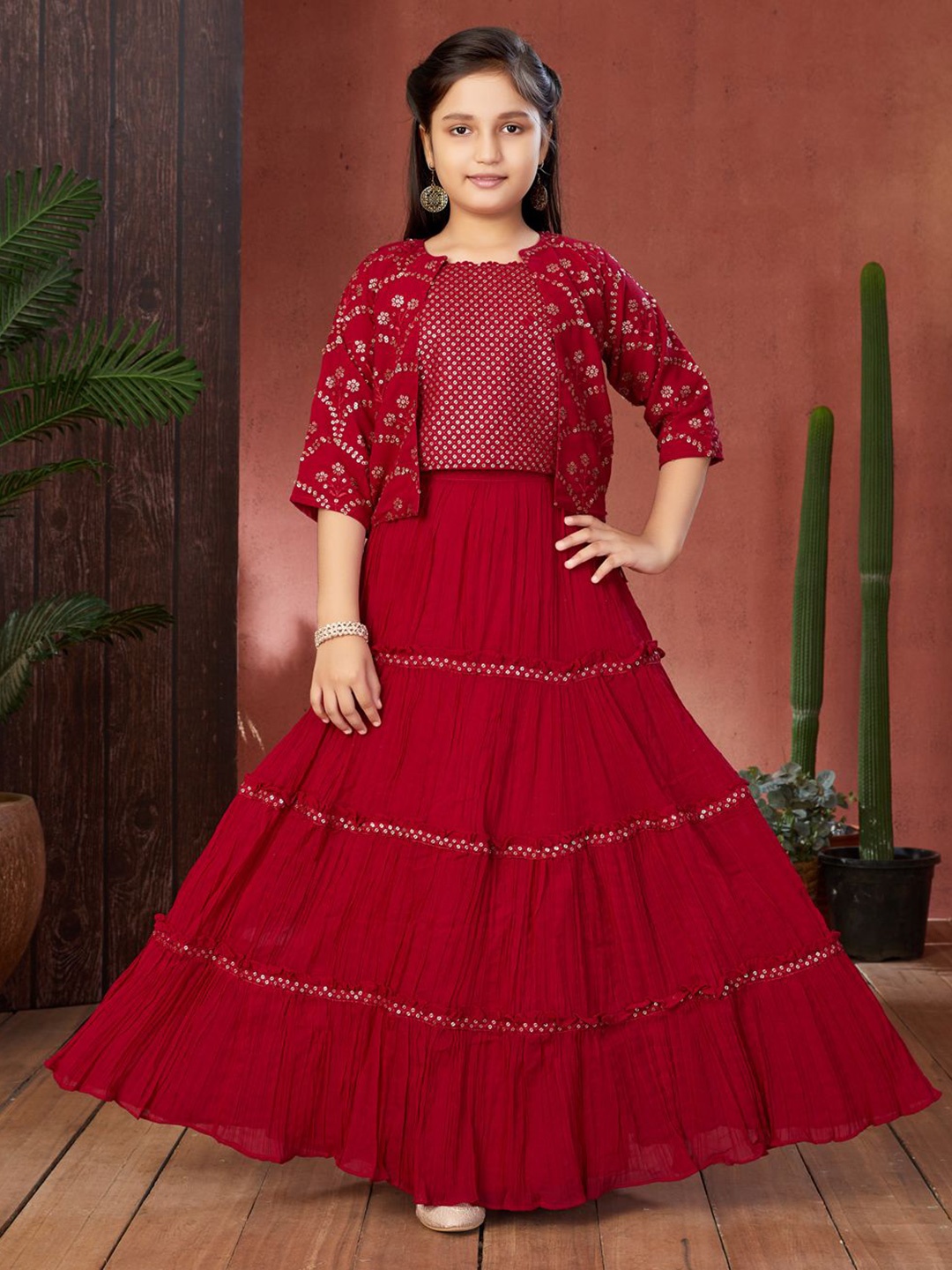 

BAESD Girls Embroidered Sequinned Ready to Wear Lehenga & Blouse With Dupatta, Maroon