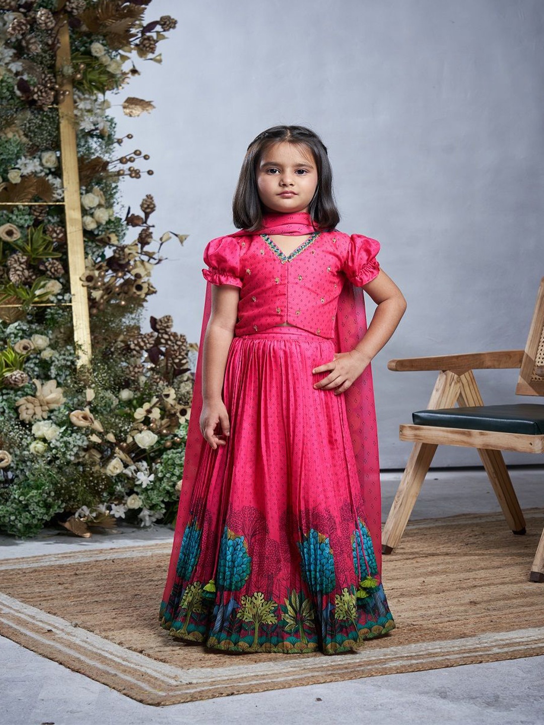 

Vivedkids Girls Printed Mirror Work Ready to Wear Lehenga & Blouse With Dupatta, Pink