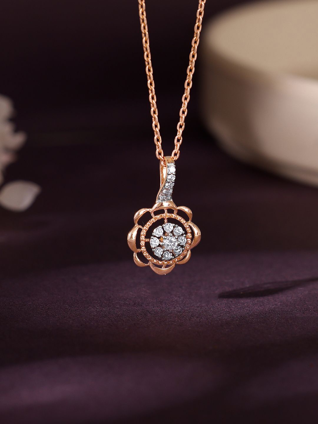 

GIVA 18KT Rose Gold Floweret Diamond Pendant-1.33g