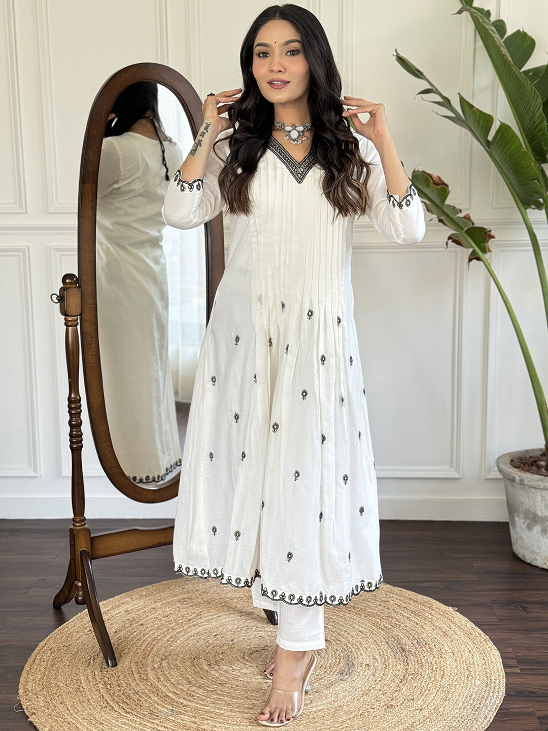 

KALINI White Ethnic Motifs Thread Work Pleated Pure Cotton Kurta & Trouser & Dupatta