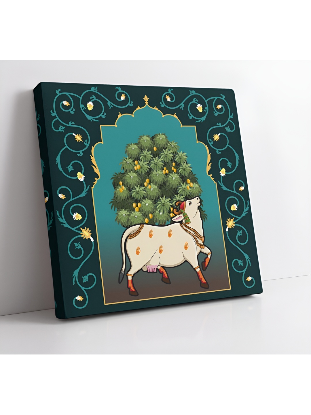 

SAF Green & White Wooden Canvas Pichwai Cow Birds and Animals Wall Art