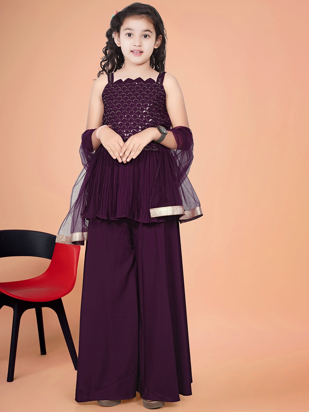 

UFB Girls Ethnic Motifs Embroidered Pleated Sequinned A-Line Kurti With Palazzos & Dupatta, Purple