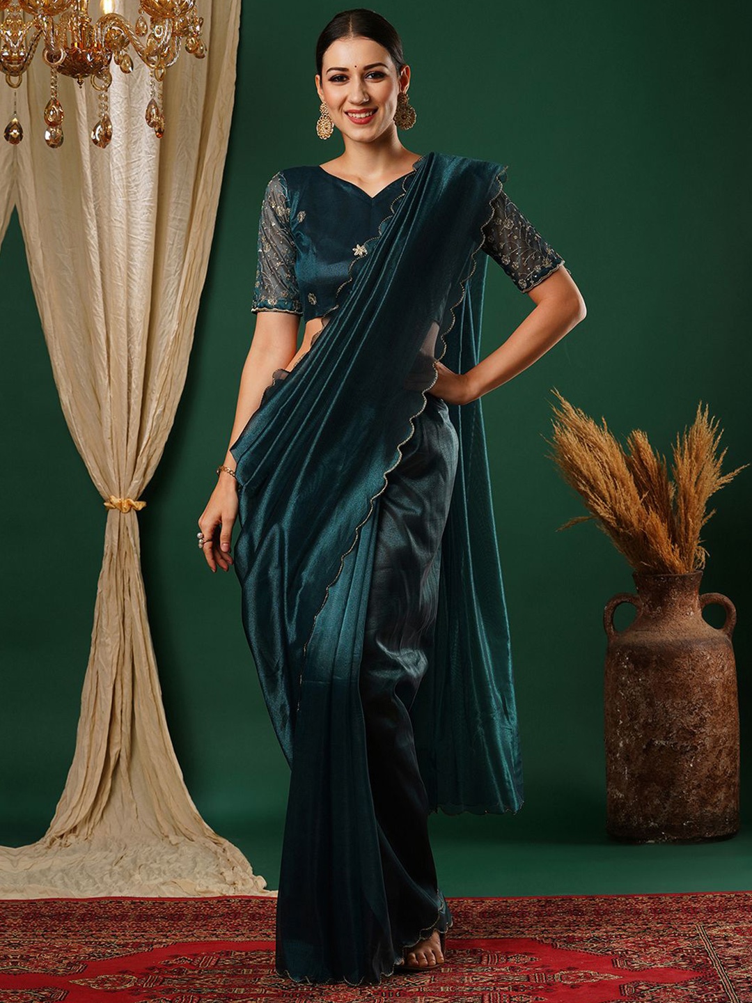 

all about you Embroidered Net Saree with Blouse piece, Blue