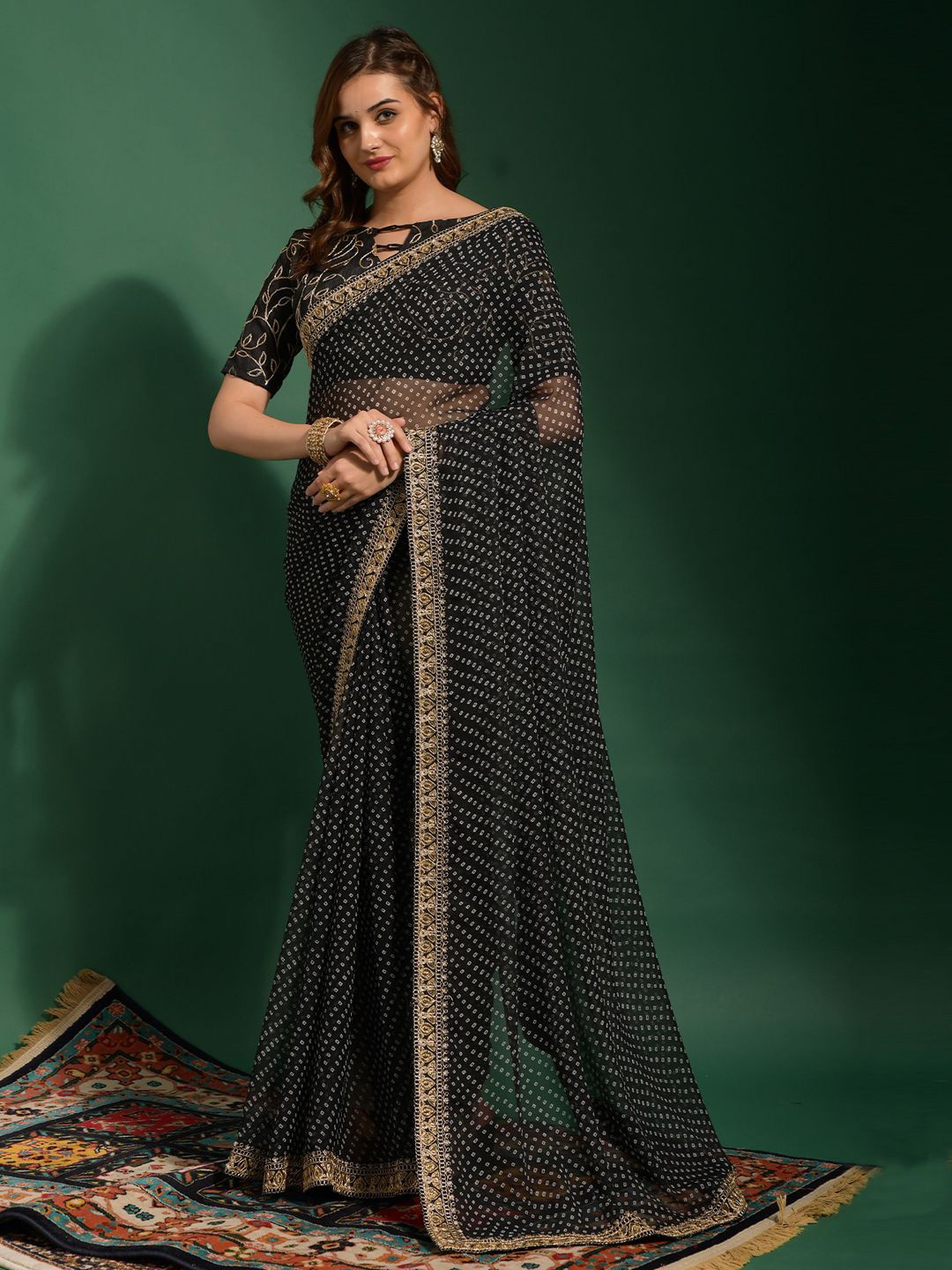 

Krimmple Bandhani Embroidered Pure Georgette Saree, Black