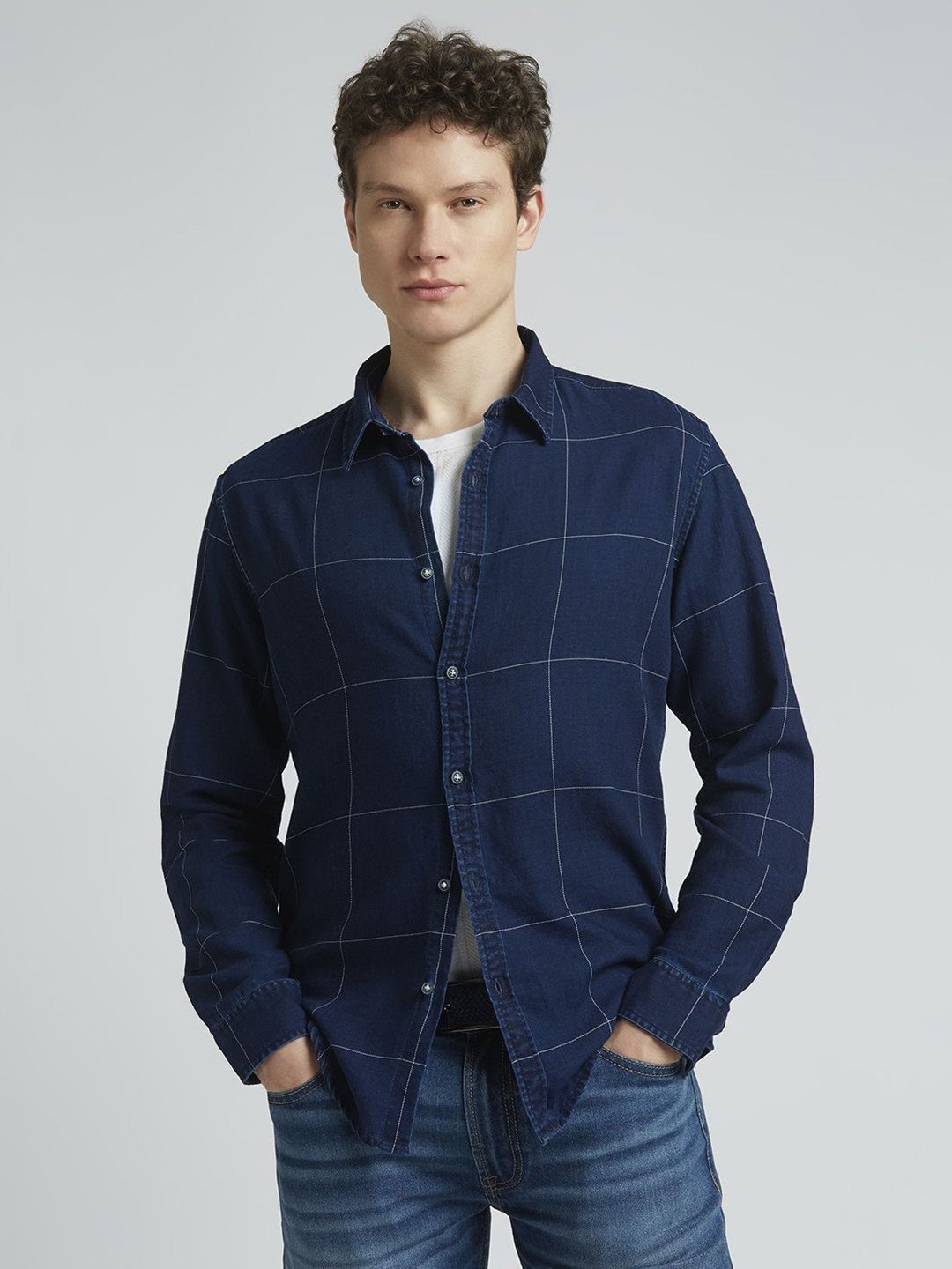 

Pepe Jeans Men Spread Collar Buffalo Checked Cotton Casual Shirt, Blue