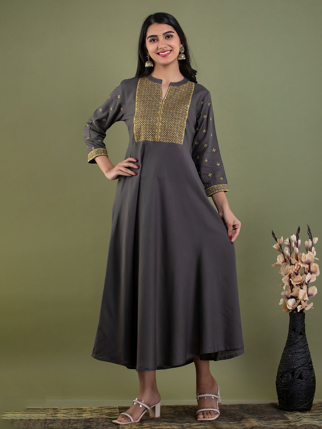 

MF Hayat Embroidered Flared Ethnic Dress, Grey