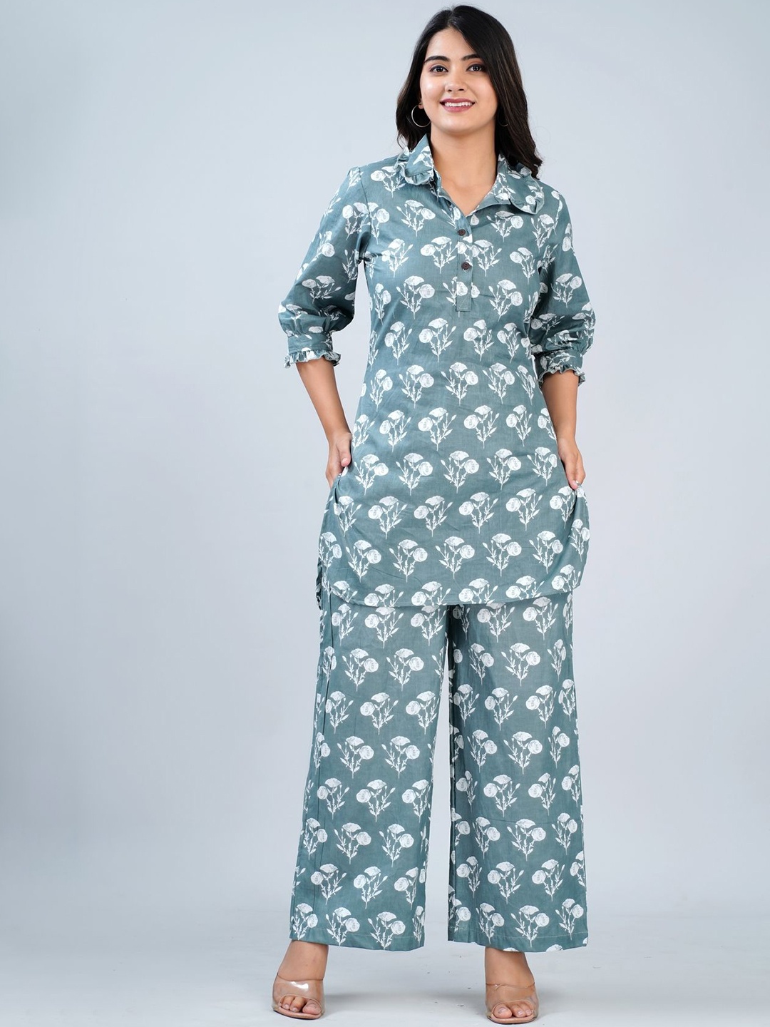 

Fabcurio Floral Printed Pure Cotton Tunic & Palazzo, Turquoise blue