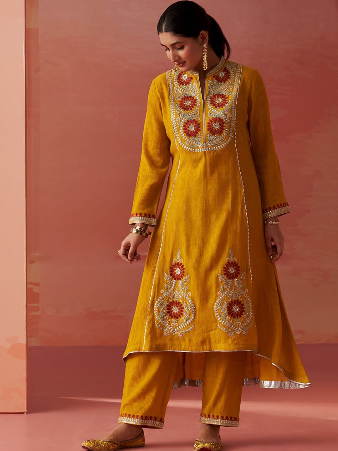 

Lakshita Floral Embroidered Sequinned A-Line Kurta with Trousers, Mustard