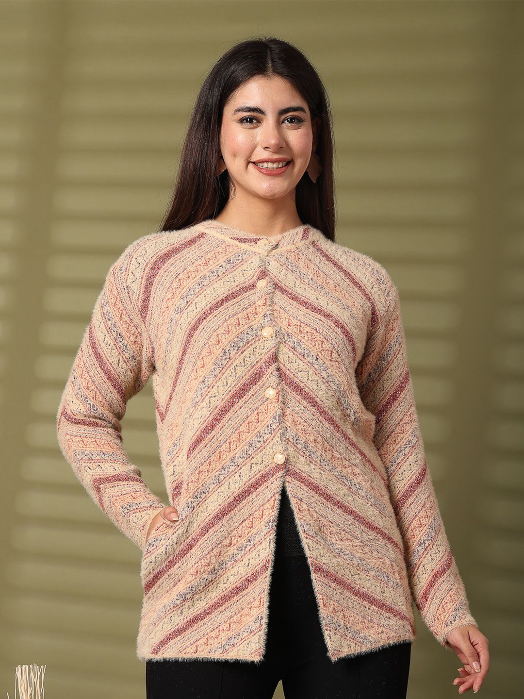 

Clora Creation Women Printed Longline Winter Wear Casual Cardigan, Beige