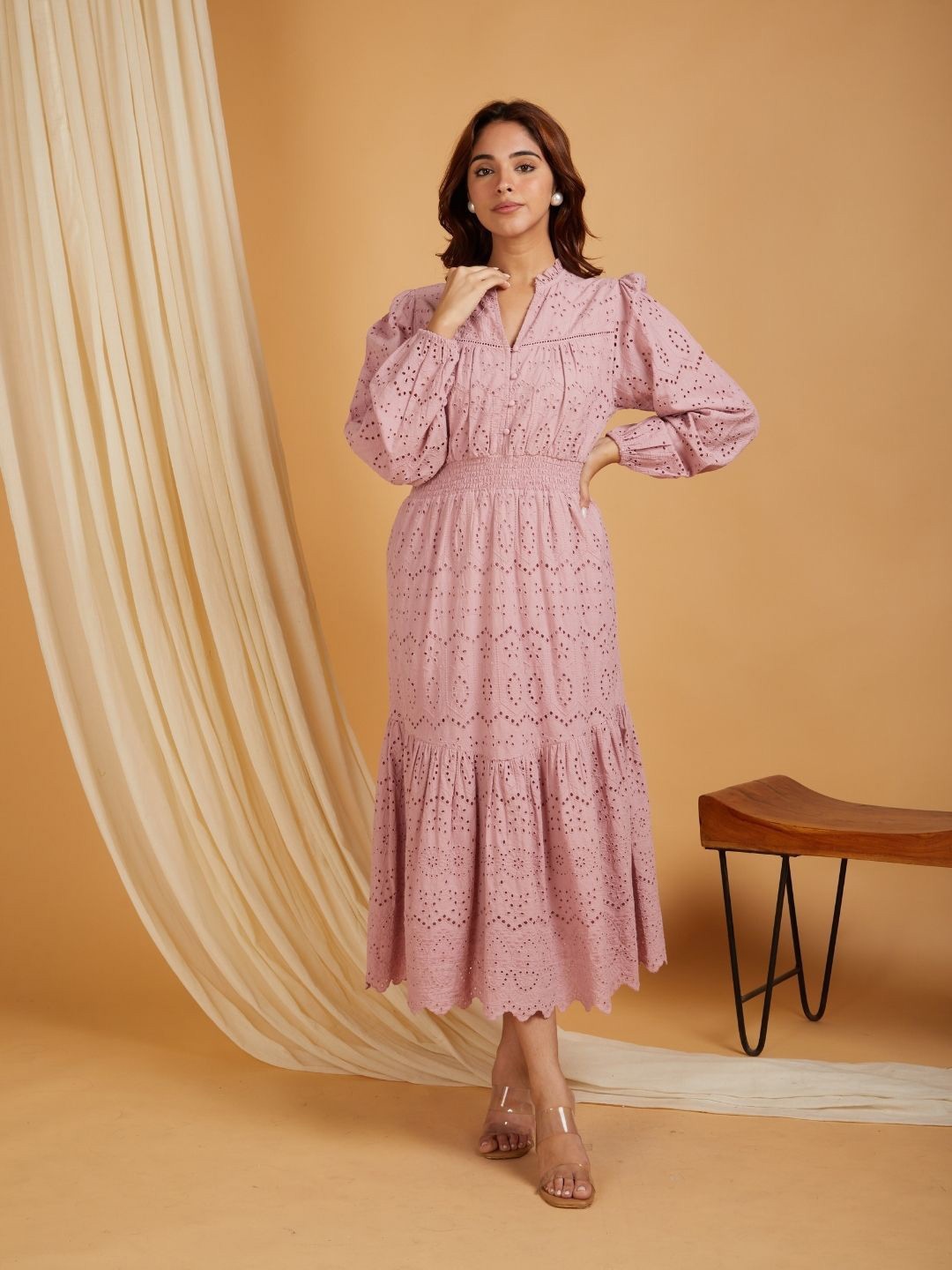 

SANASH Collections Women Self Design Cotton A-Line Maxi Dress, Mauve