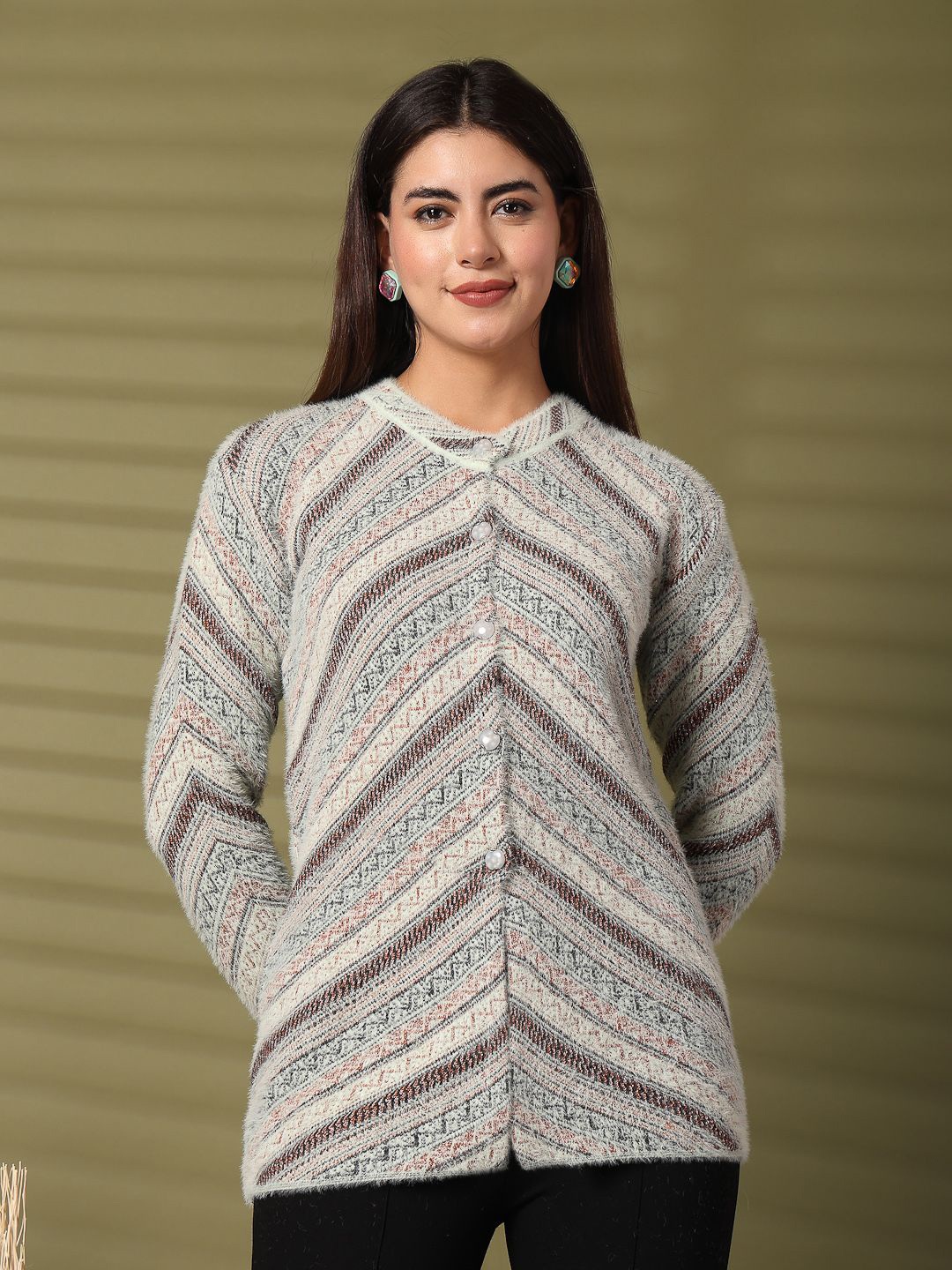 

Clora Creation Women Printed Woollen Cardigan, Cream