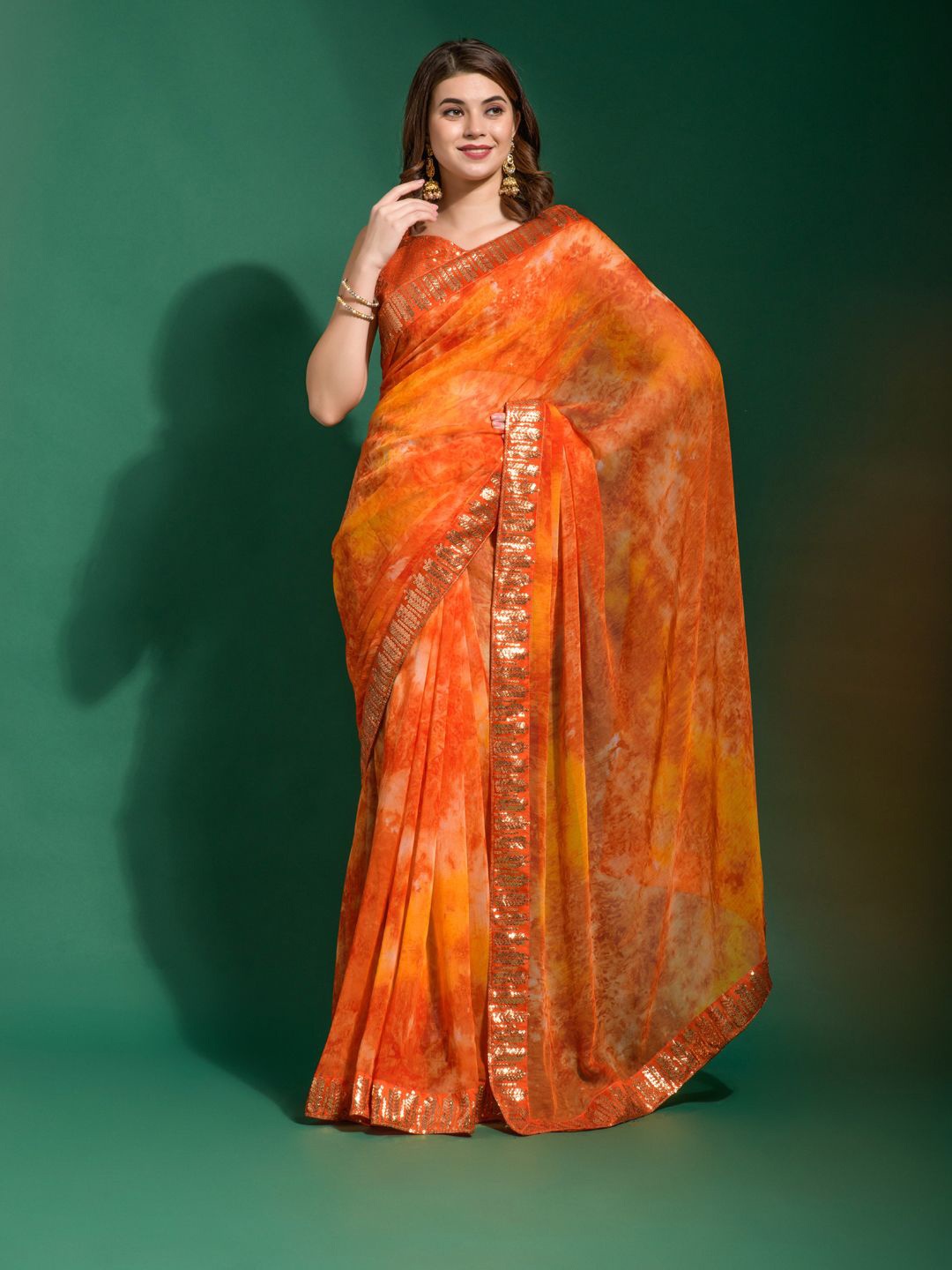 

Krimmple Tie and Dye Embroidered Pure Chiffon Saree, Orange