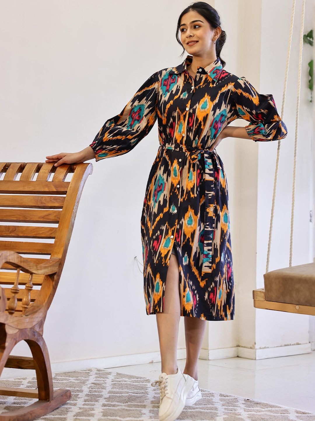 

FLAVIA CREATION Women Floral Printed Shirt Collar A-Line Dress, Black