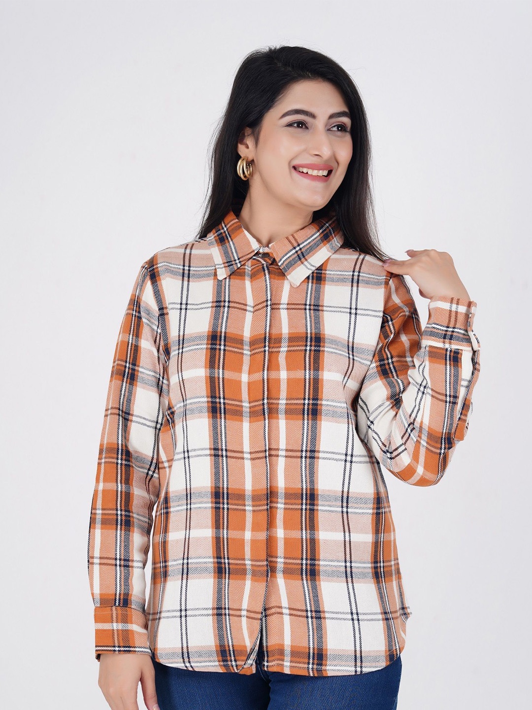 

Cloth Bites Women Spread Collar Buffalo Checked Cotton Casual Shirt, Orange