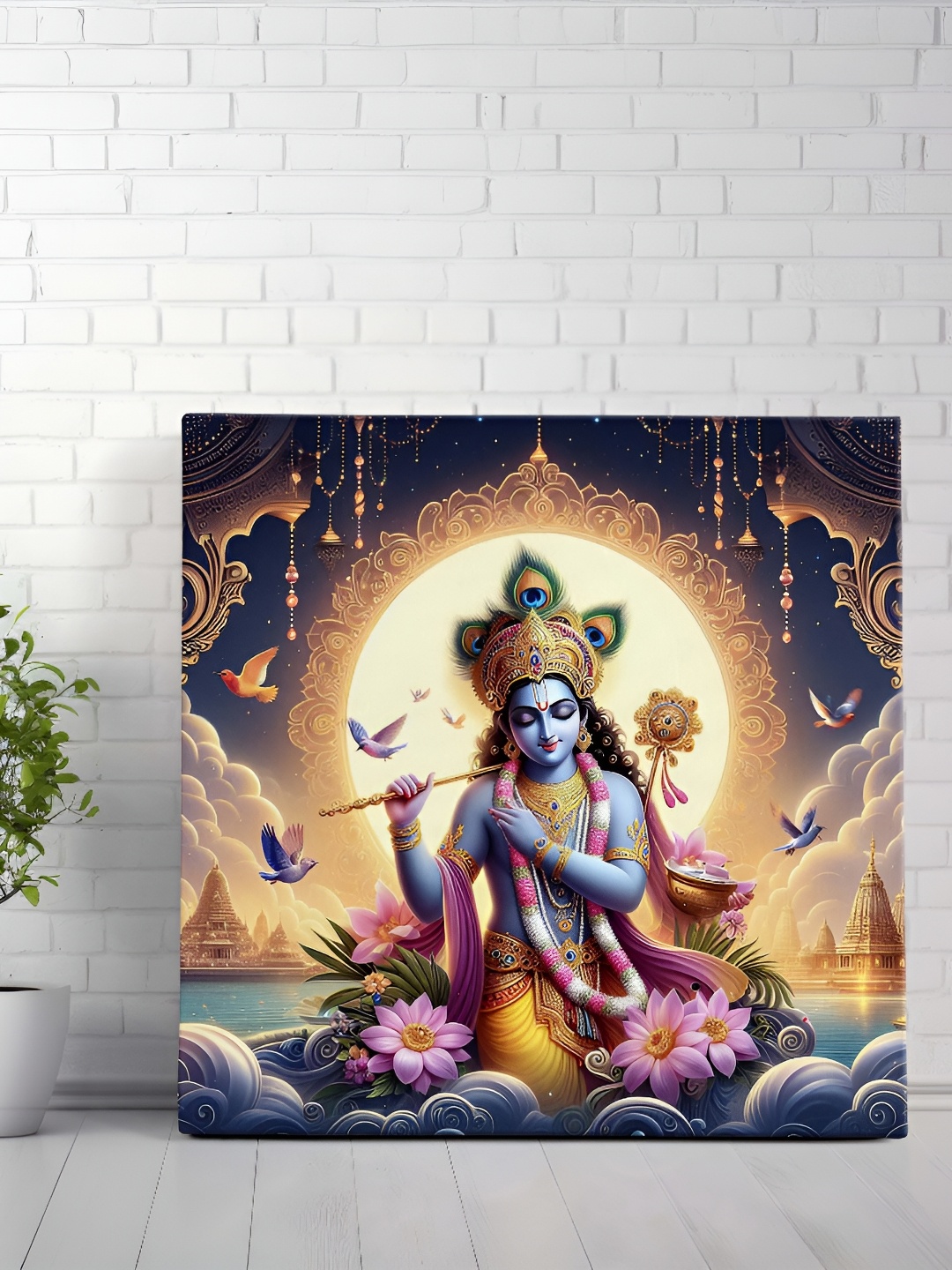 

SAF Blue & Gold-Toned Wooden Canvas God Krishna Religious Wall Art
