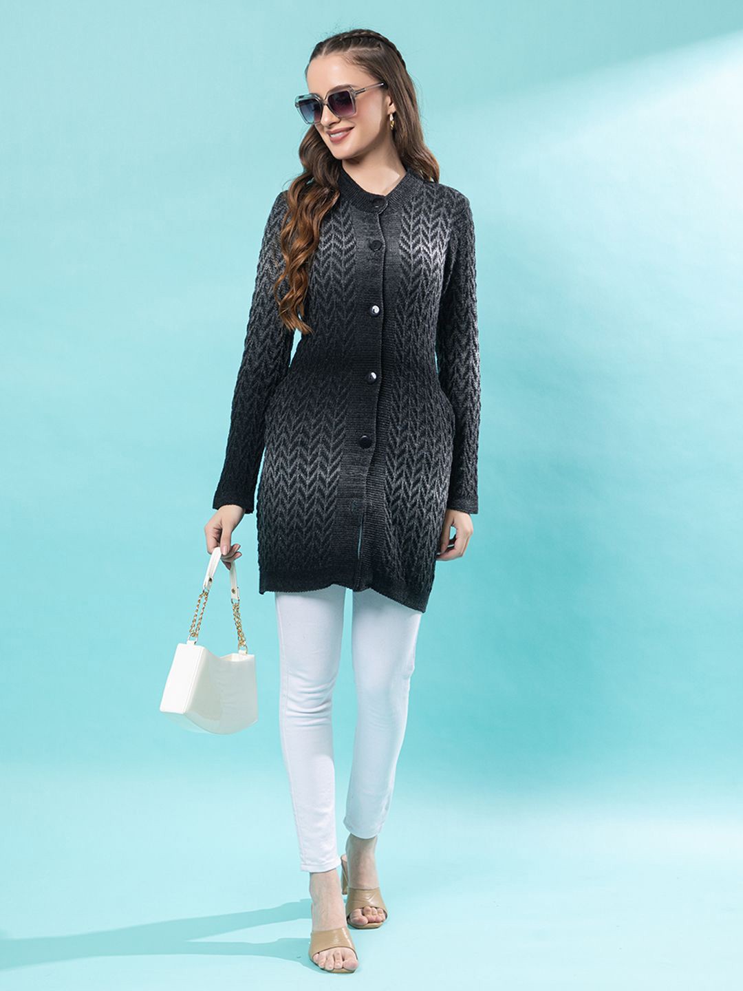 

Anouk Women Self Design Cable Knit Cardigan, Black