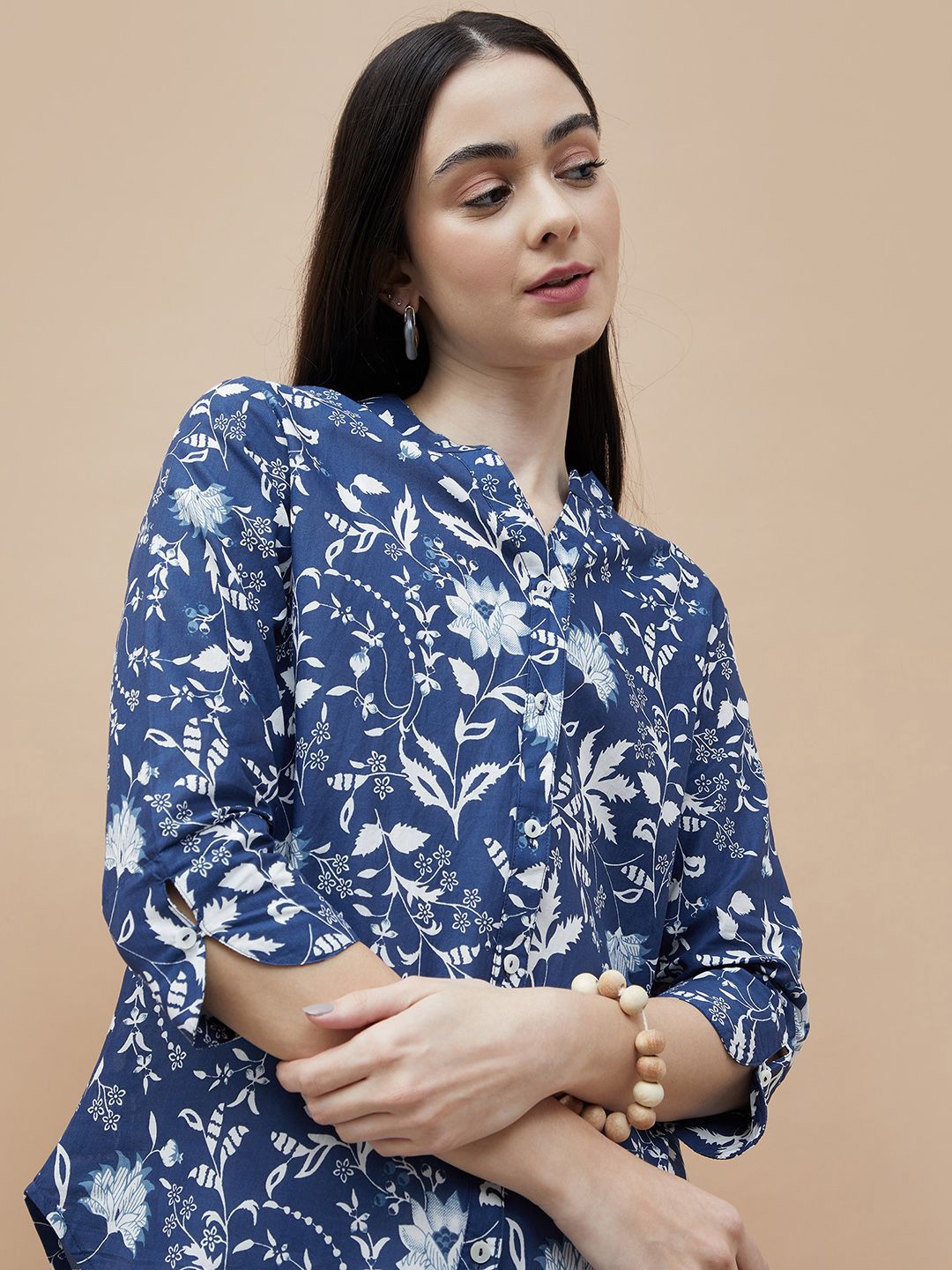 

Colour Me by Melange Women Mandarin Collar Floral Printed Cotton Casual Shirt, Blue