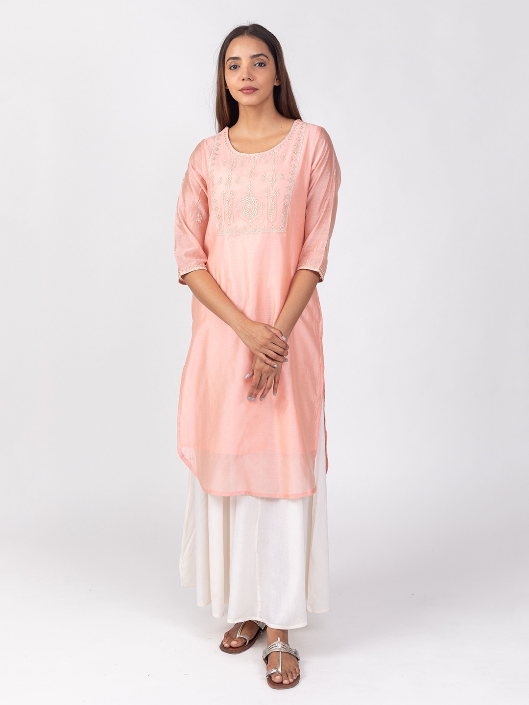 

HERE&NOW Floral Embroidered Yoke Design Kurta, Peach