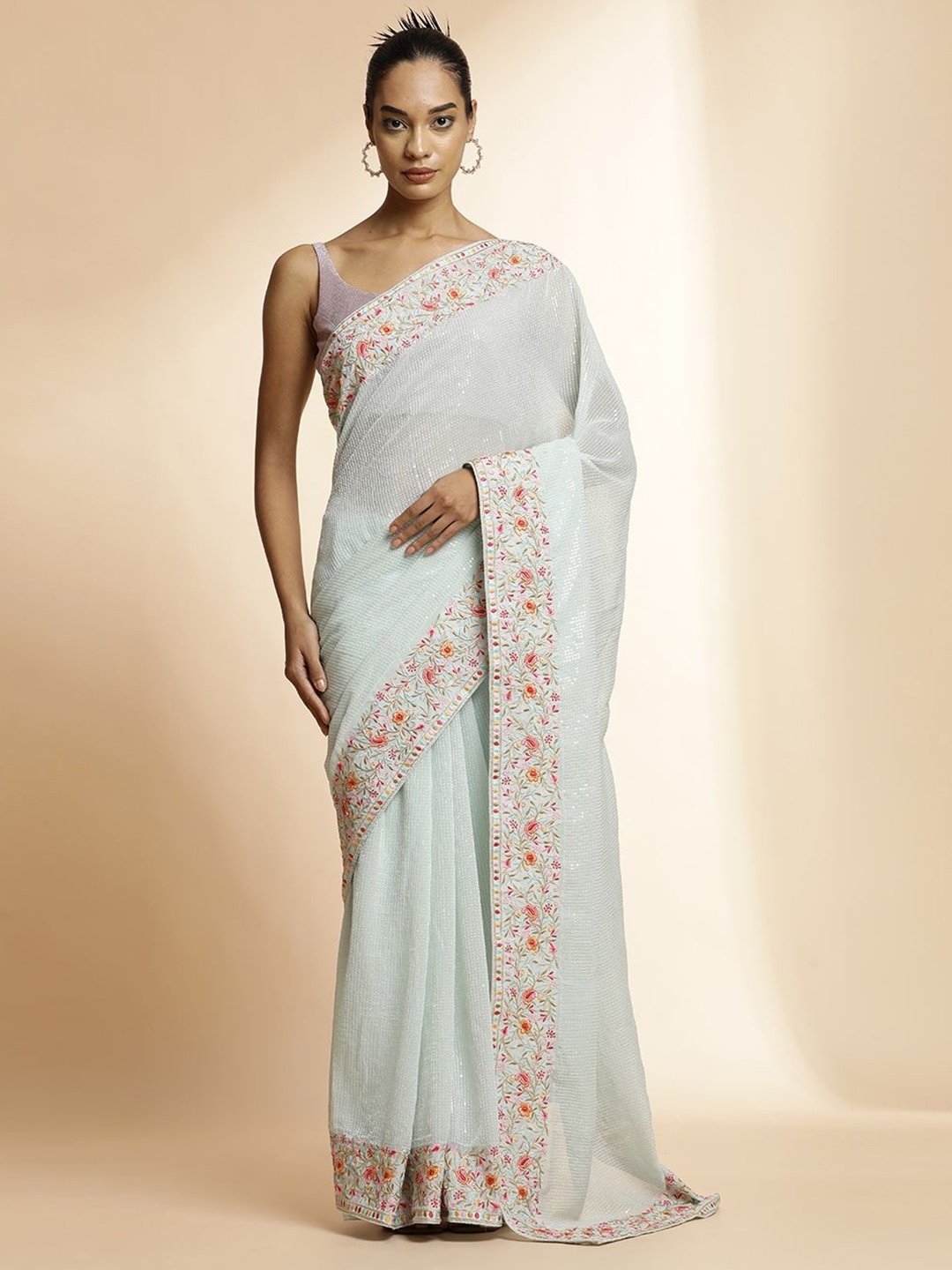 

Jaipur Kurti Floral Sequinned Pure Georgette Saree, Grey
