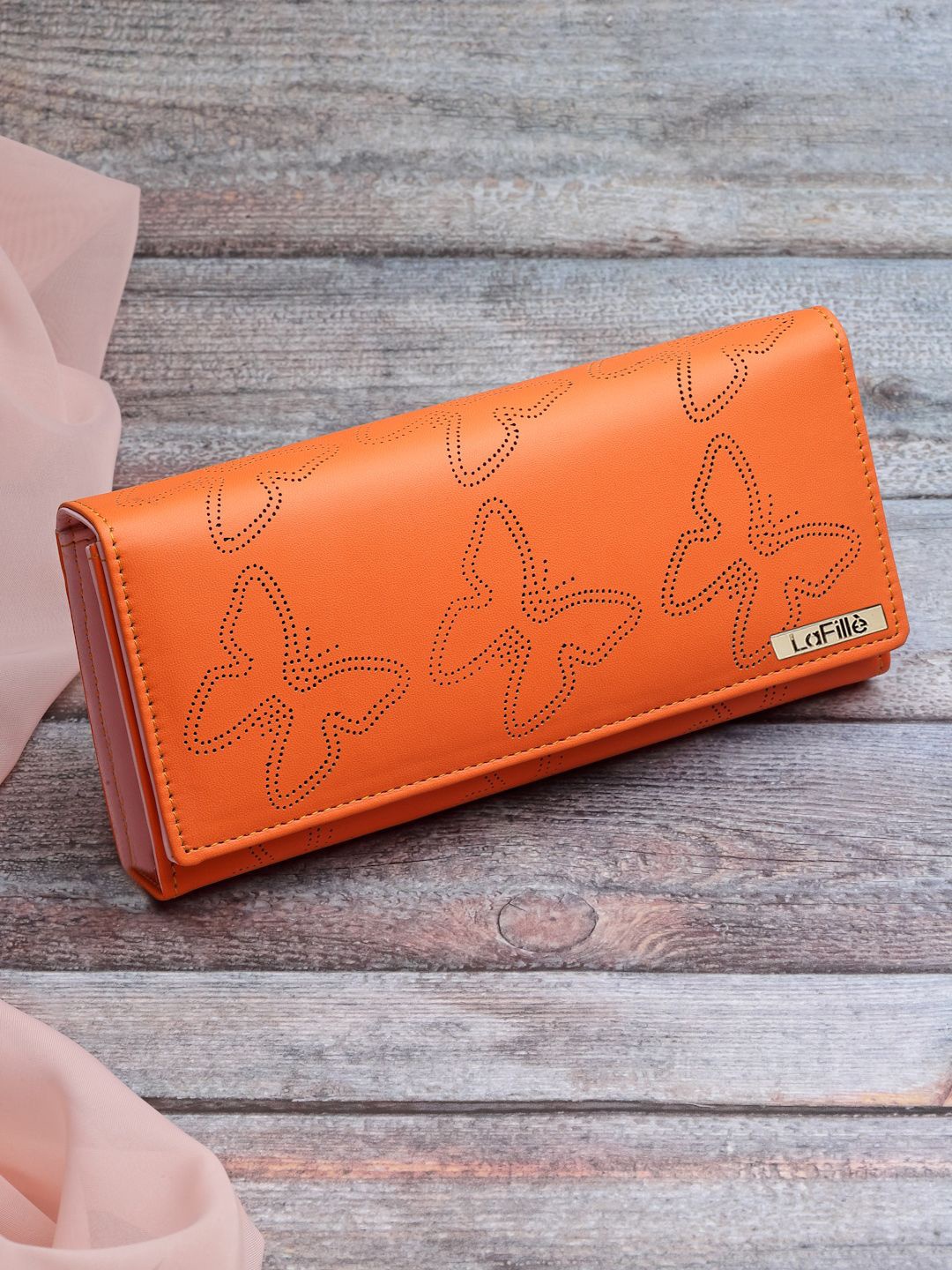 

LaFille Self Design Cut Work Detail Two Fold Wallet, Orange