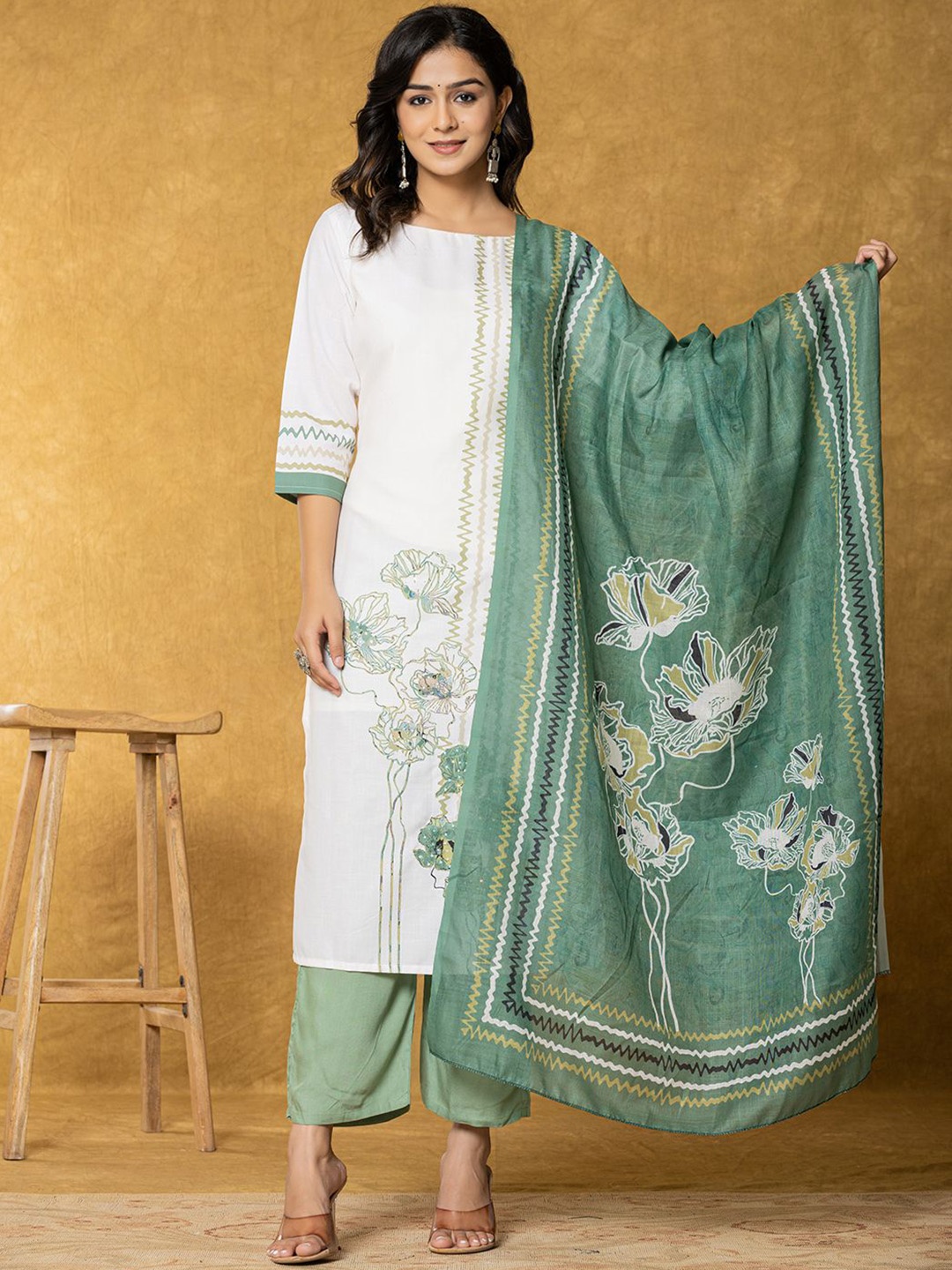 

Yufta Floral Printed Boat Neck Regular Linen Kurta With Trousers & Dupatta, White