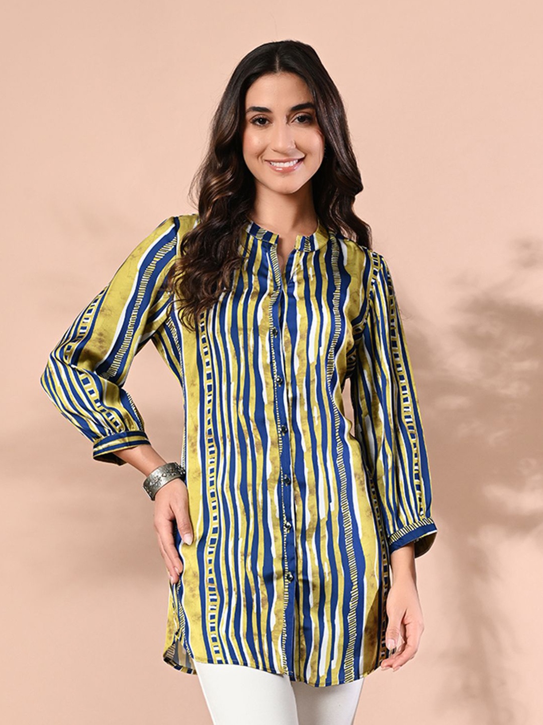 

MEESAN Women Striped Printed Tunic, Blue